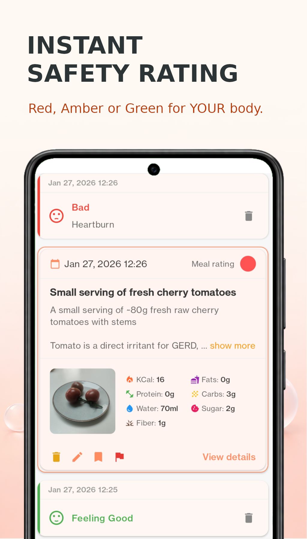 DietVox instant safety rating showing meal analysis with nutrition breakdown