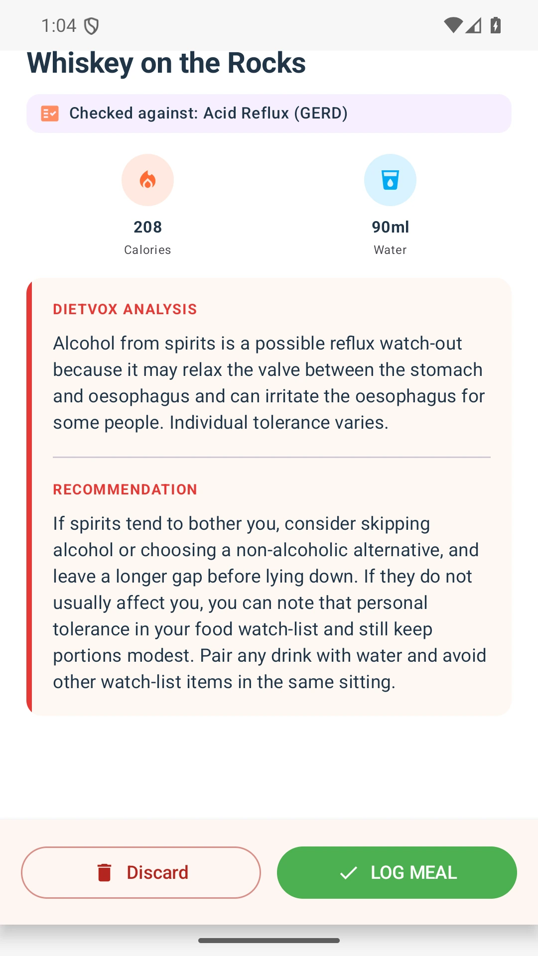 DietVox acid reflux analysis for Alcohol with the verified rating explanation