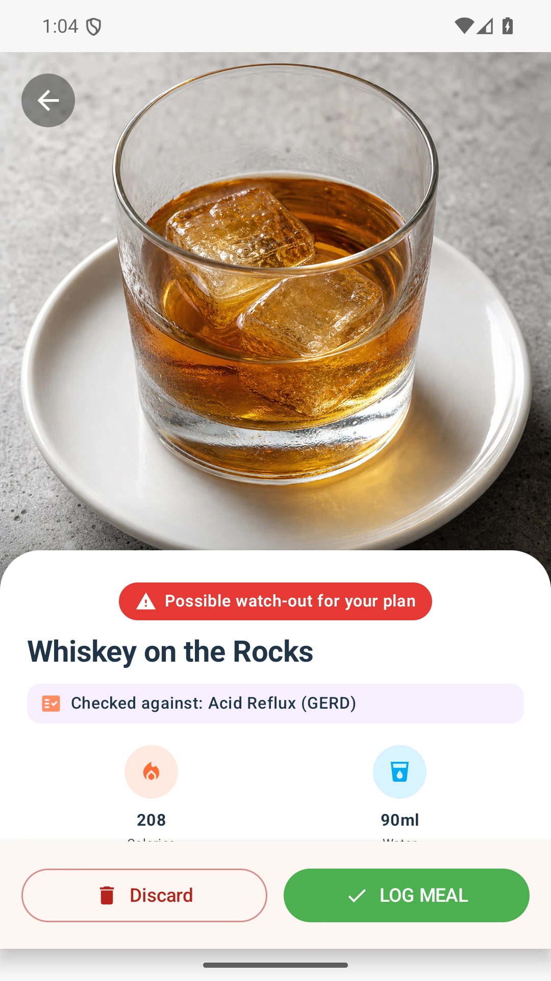 DietVox Alcohol scan showing a RED acid reflux rating