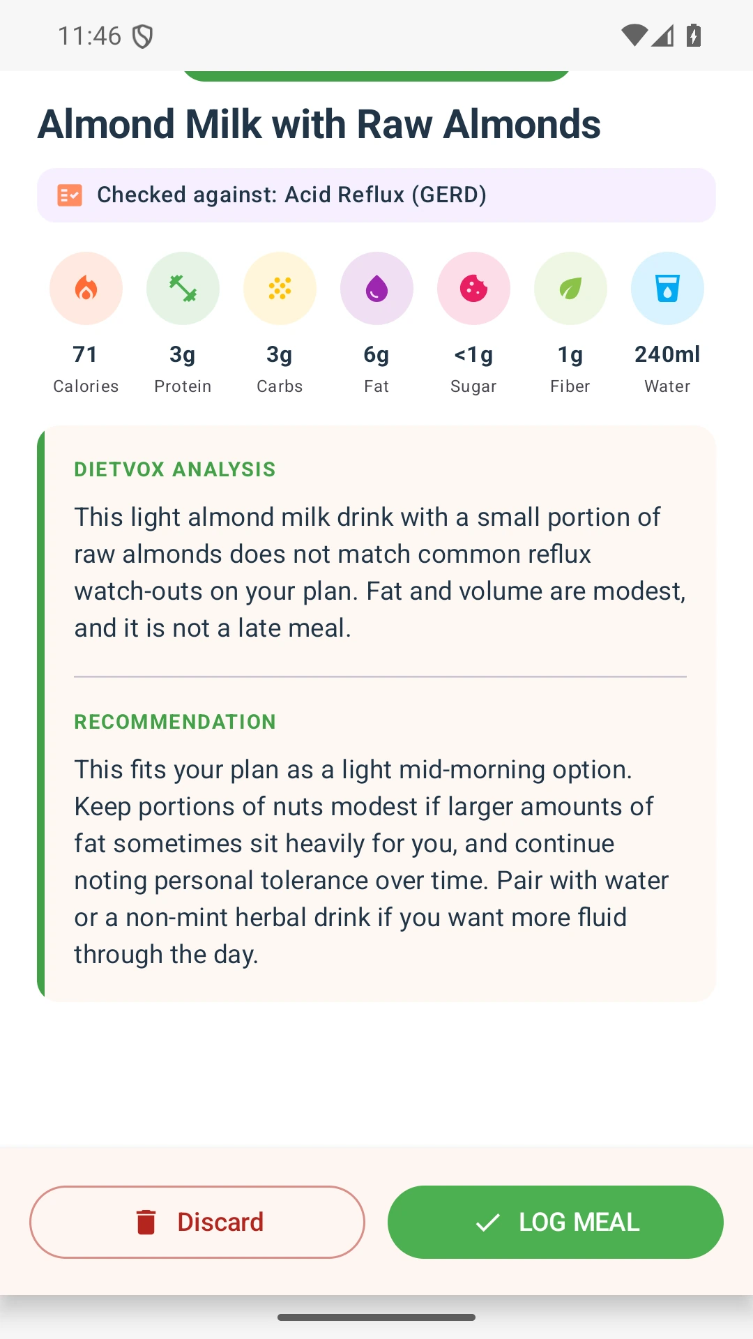 DietVox acid reflux analysis for Almond Milk with the verified rating explanation