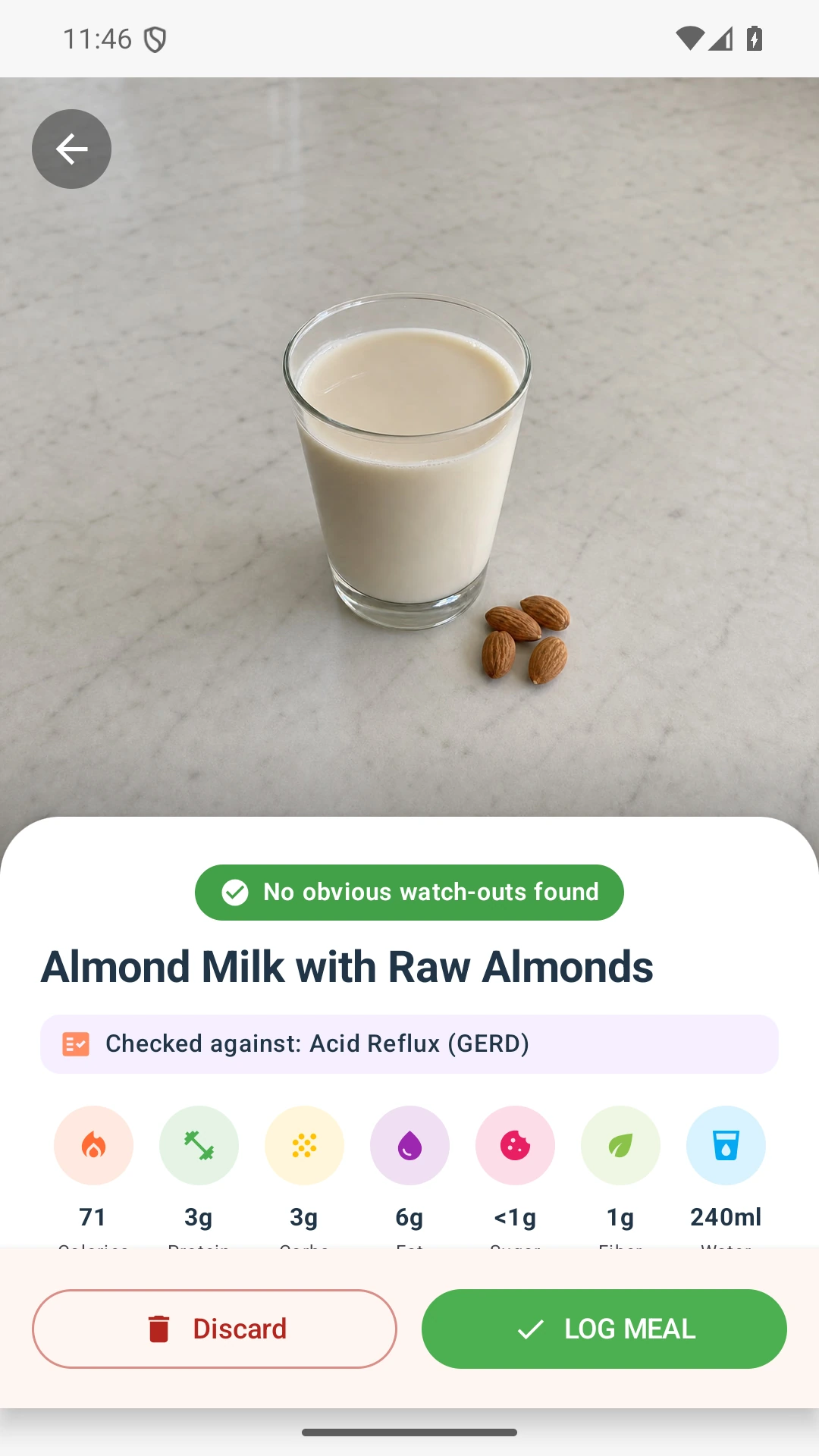 DietVox Almond Milk scan showing a GREEN acid reflux rating