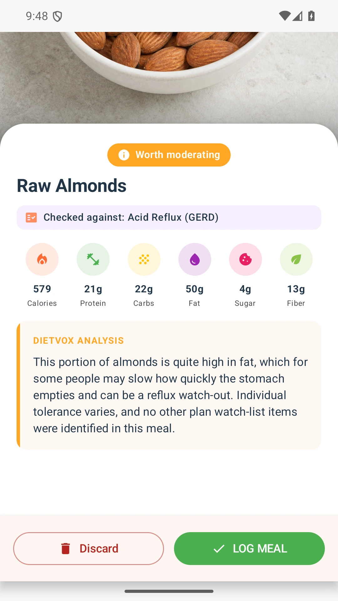 DietVox acid reflux analysis for Almonds with the verified rating explanation