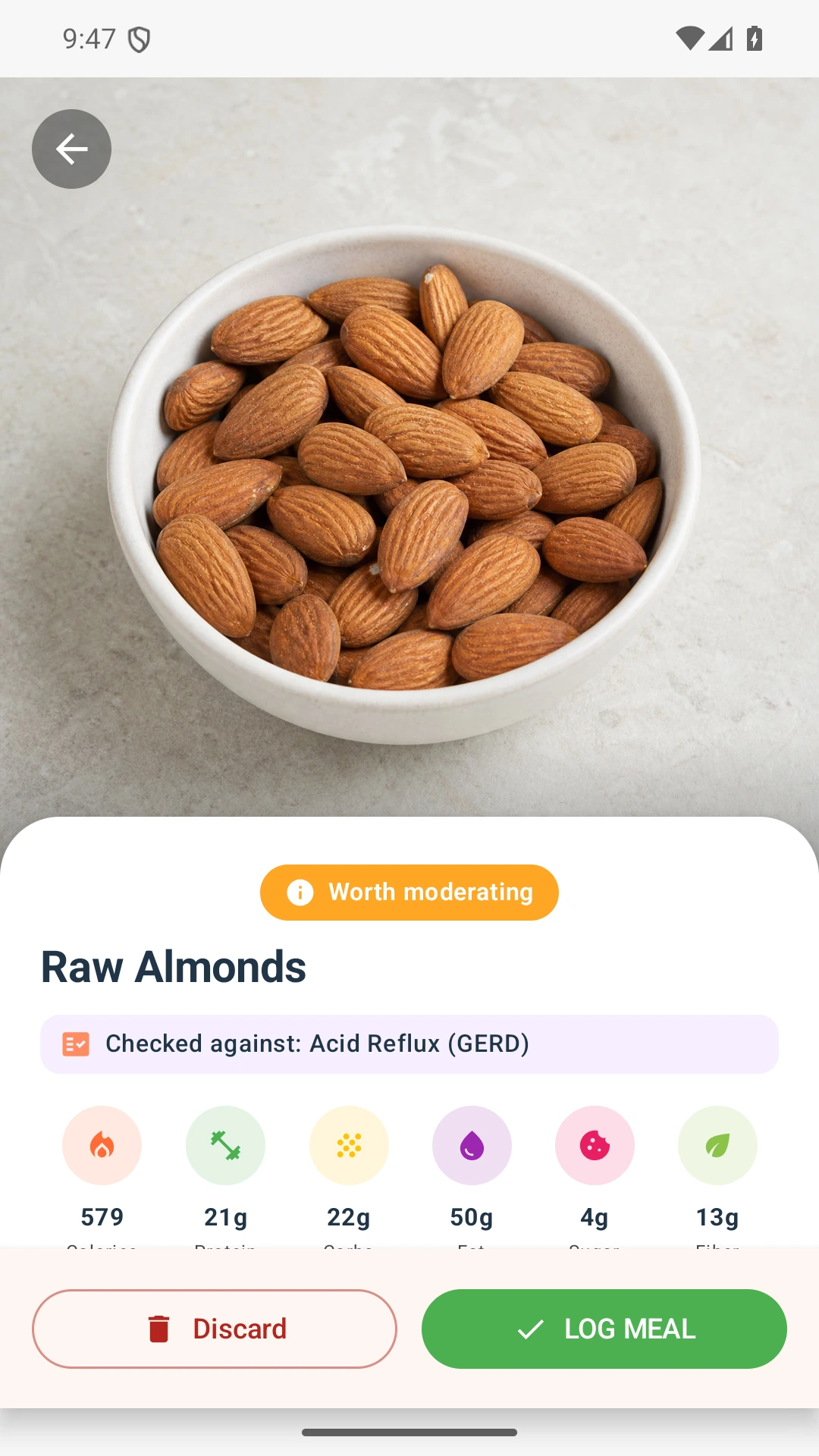 DietVox Almonds scan showing an AMBER acid reflux rating