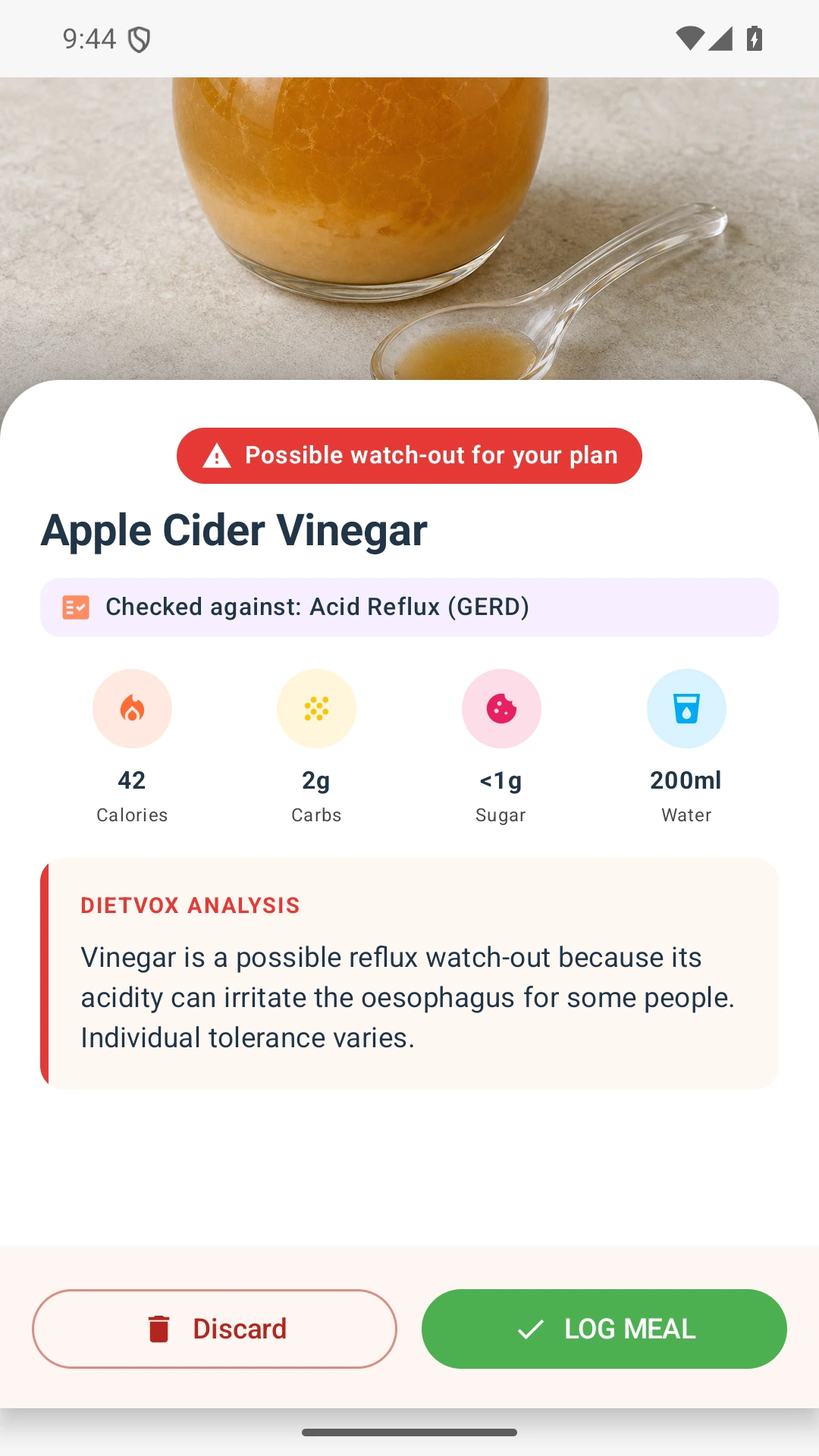 DietVox acid reflux analysis for Apple Cider Vinegar with the verified rating explanation