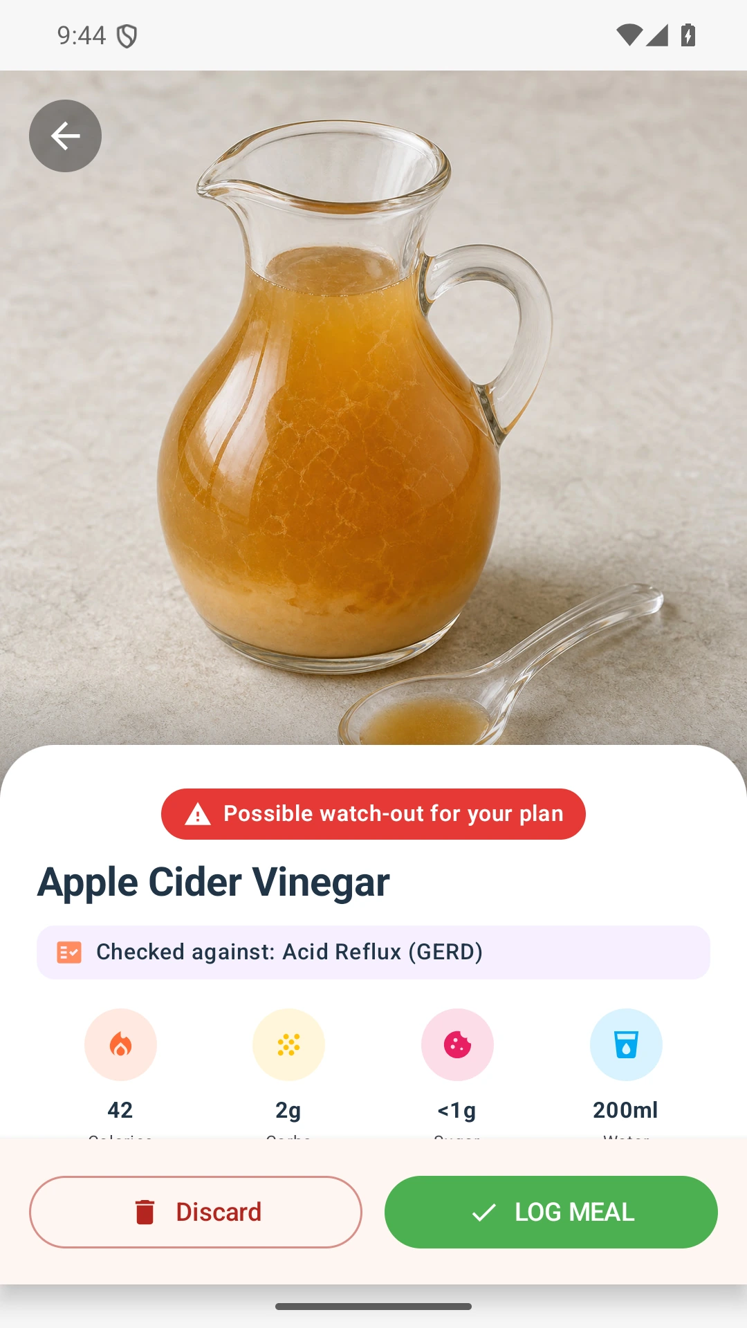 DietVox Apple Cider Vinegar scan showing a RED acid reflux rating