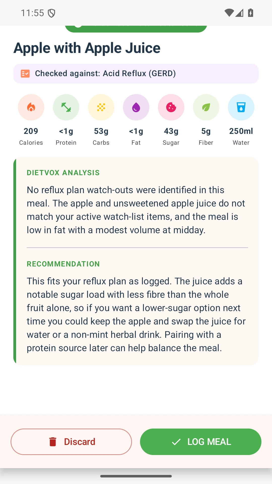 DietVox acid reflux analysis for Apple Juice with the verified rating explanation