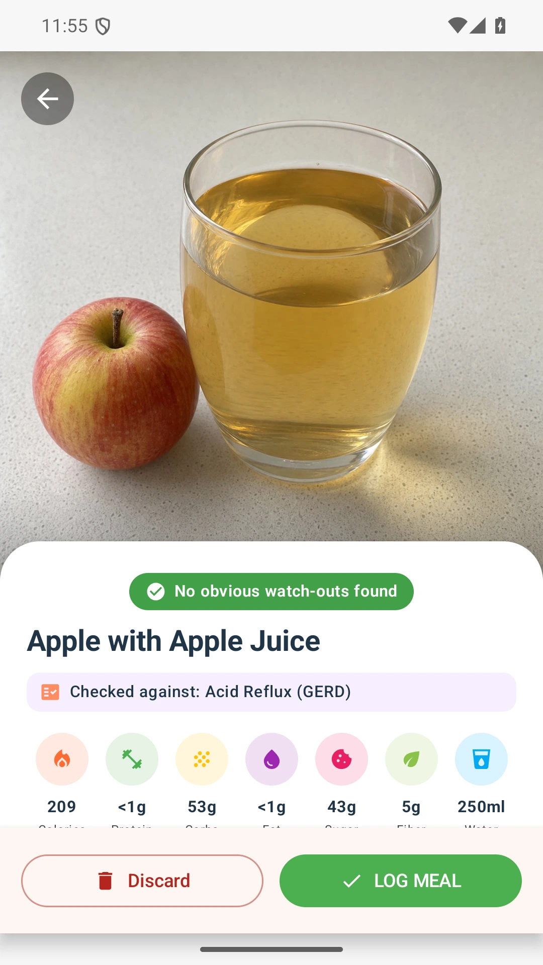 DietVox Apple Juice scan showing a GREEN acid reflux rating