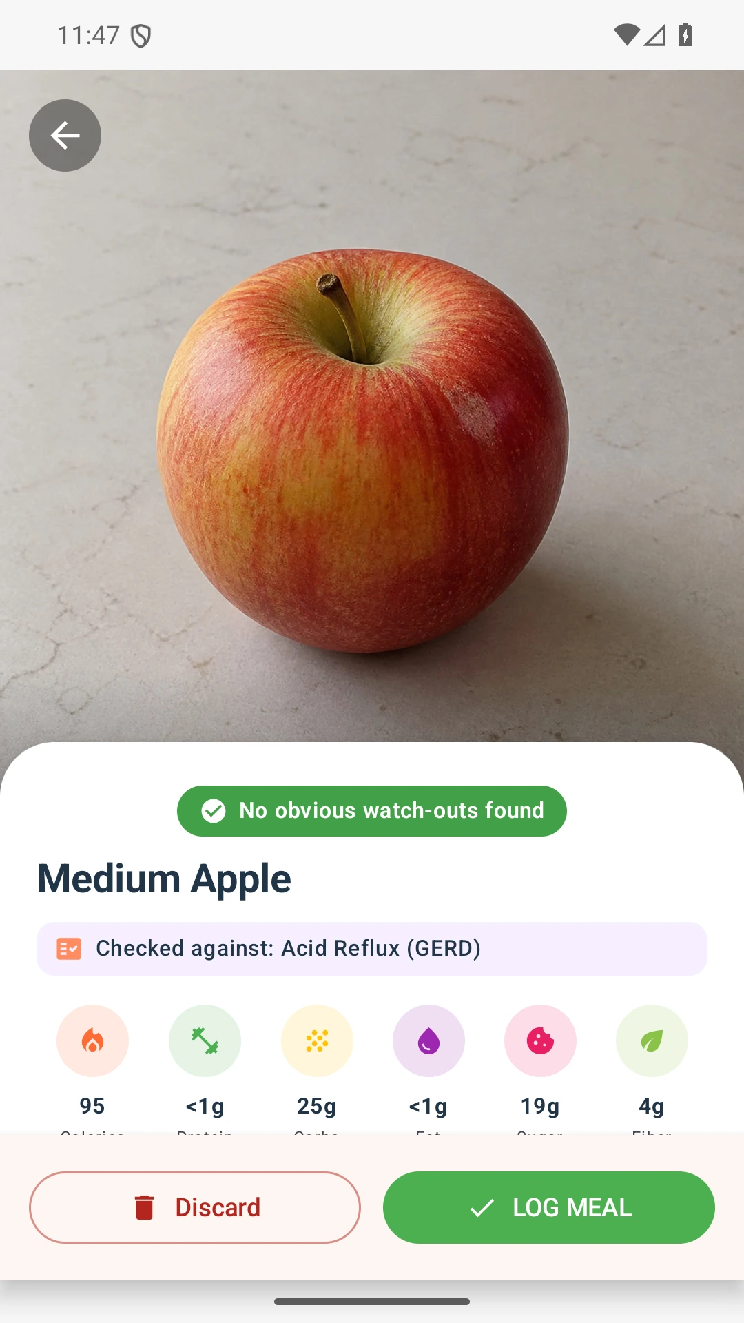 DietVox Apple scan showing a GREEN acid reflux rating