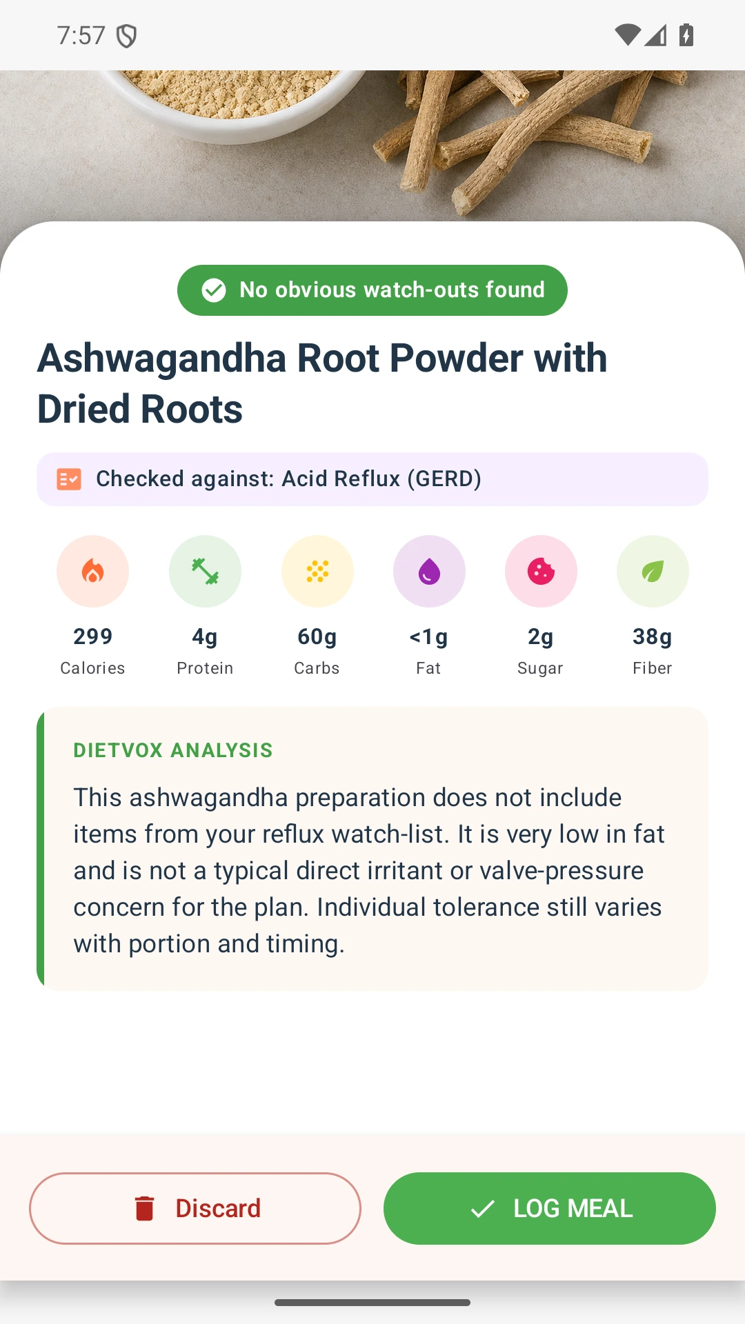 DietVox acid reflux analysis for Ashwagandha with the verified rating explanation
