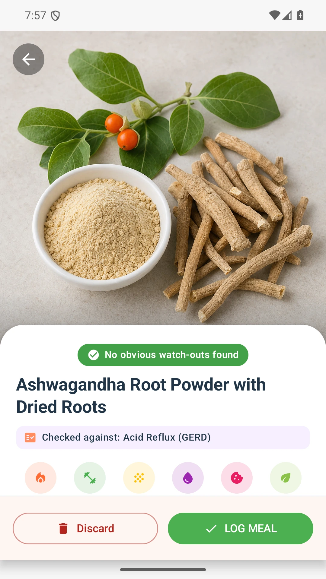 DietVox Ashwagandha scan showing a GREEN acid reflux rating