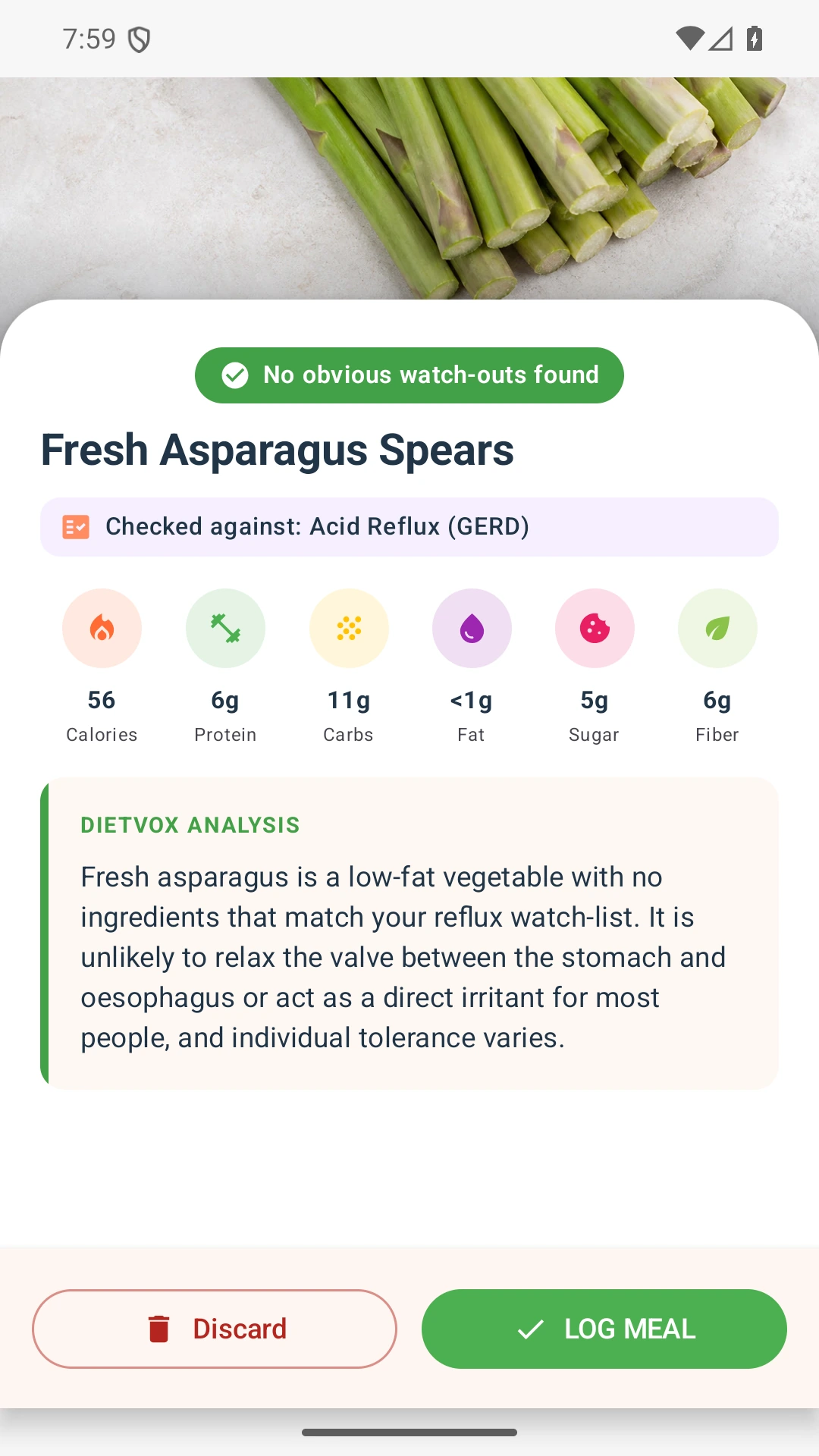 DietVox acid reflux analysis for Asparagus with the verified rating explanation
