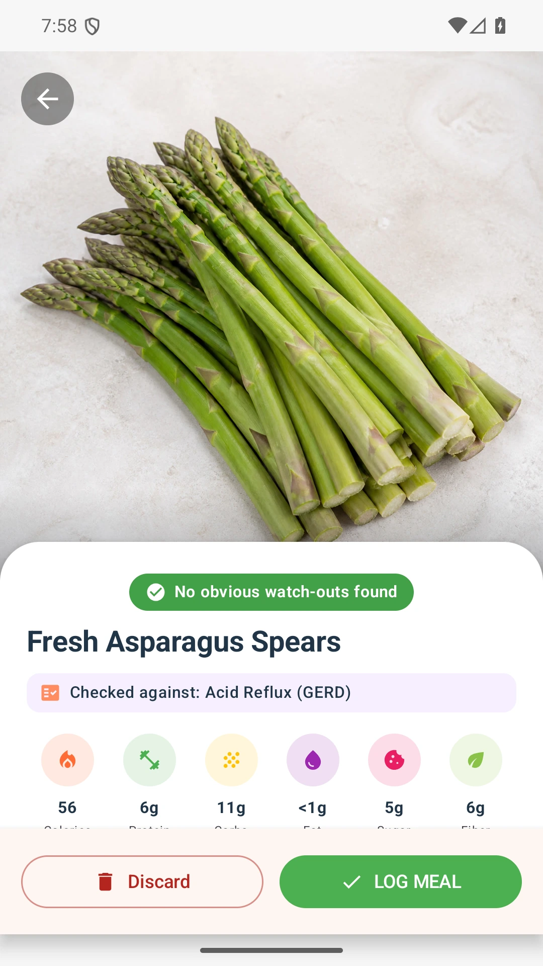 DietVox Asparagus scan showing a GREEN acid reflux rating