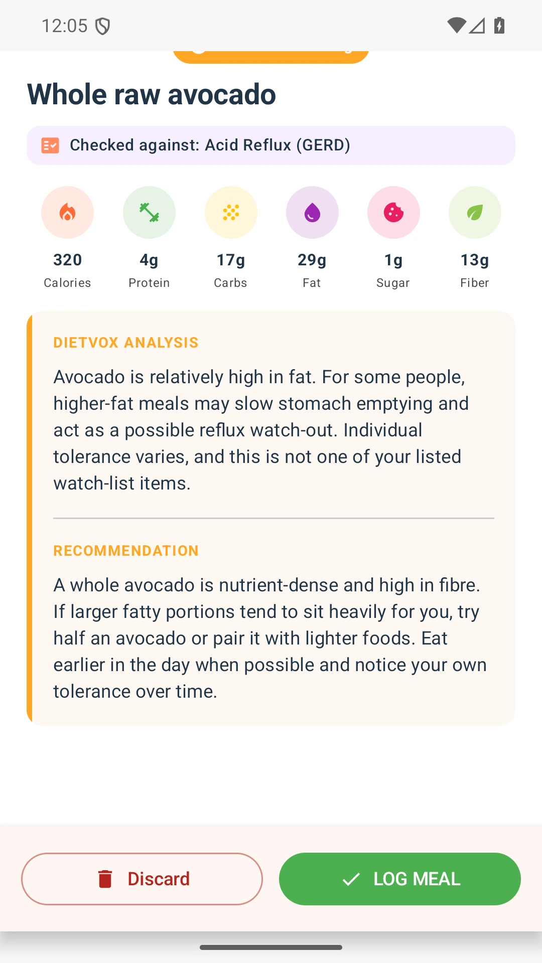 DietVox acid reflux analysis for Avocado with the verified rating explanation