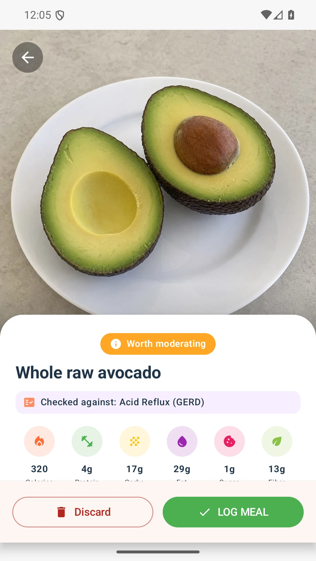 DietVox Avocado scan showing an AMBER acid reflux rating