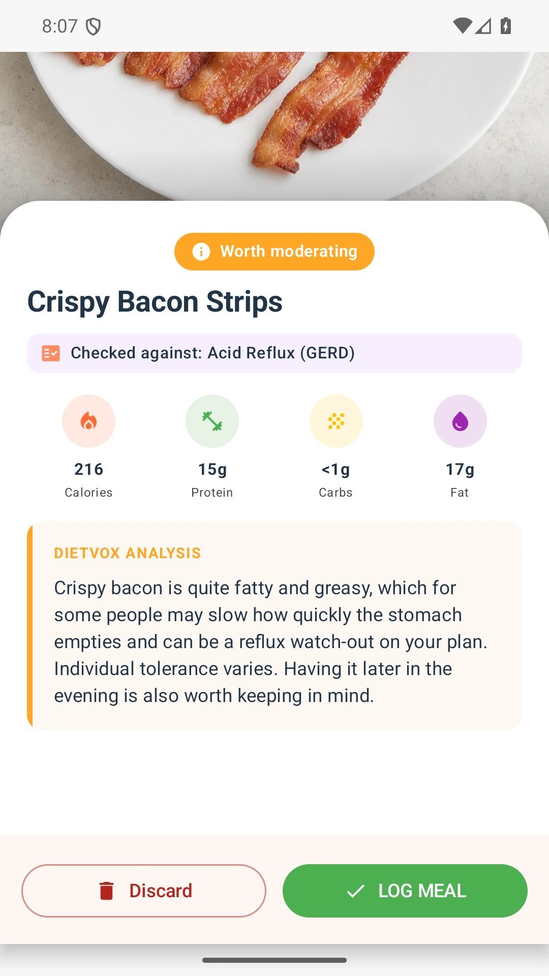 DietVox acid reflux analysis for Bacon with the verified rating explanation