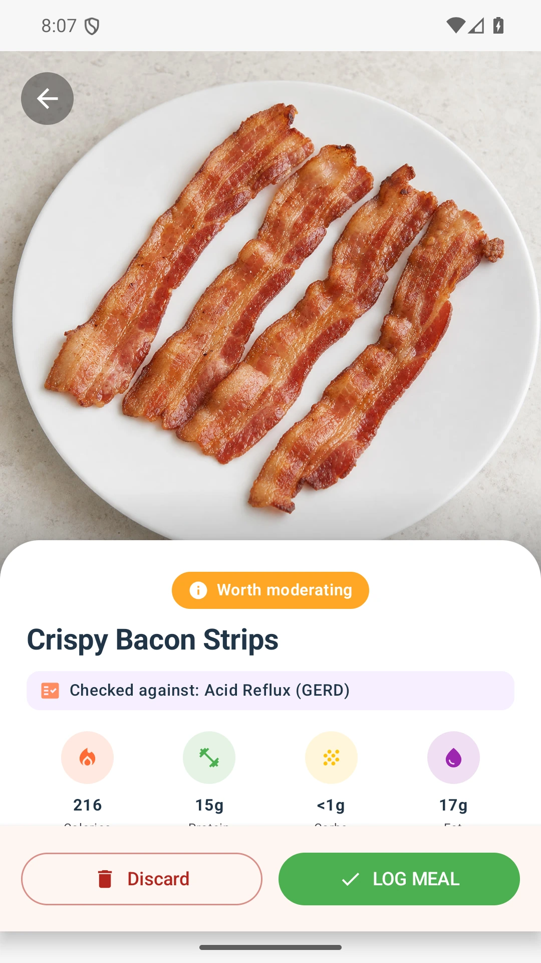 DietVox Bacon scan showing an AMBER acid reflux rating