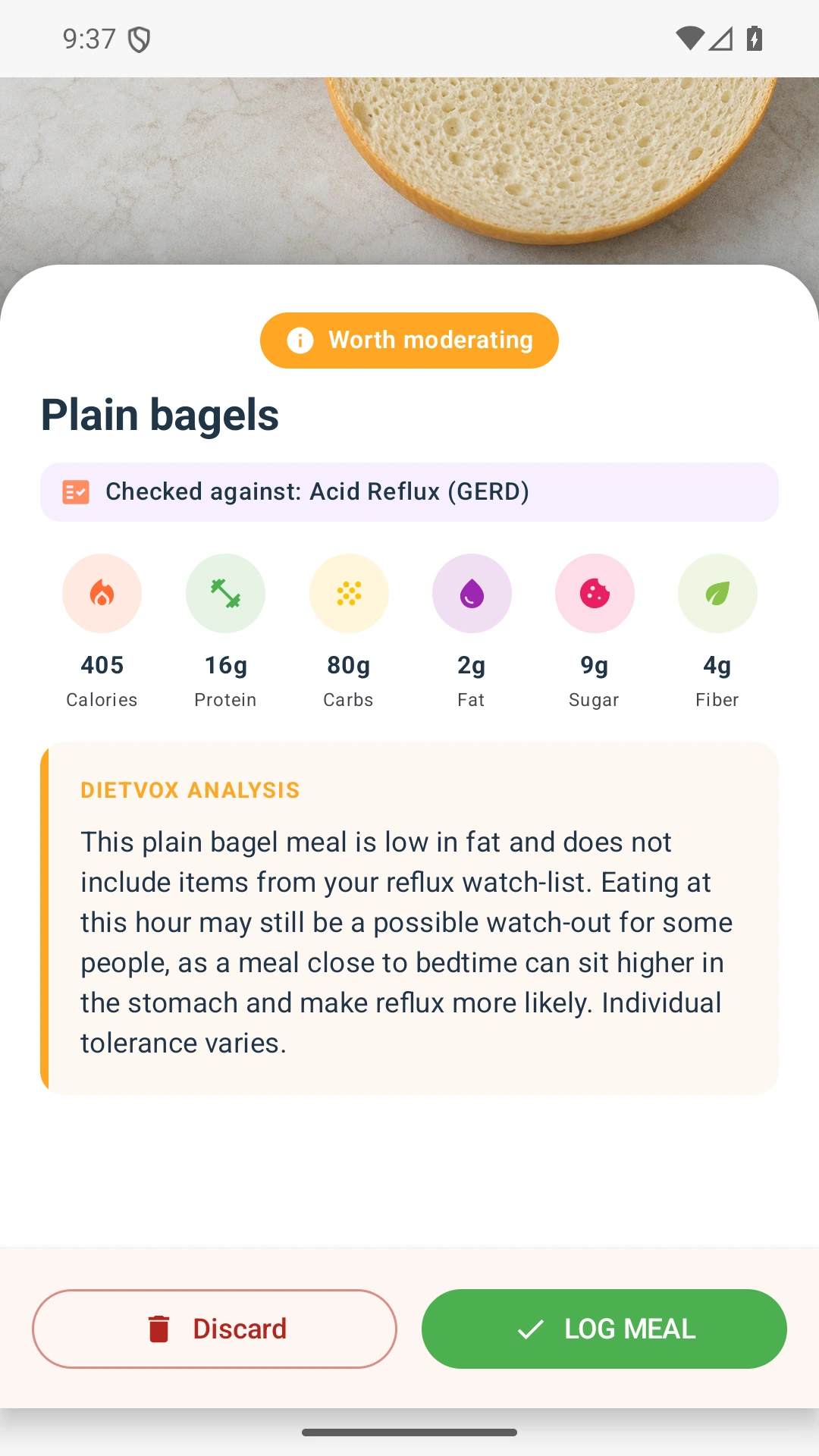 DietVox acid reflux analysis for Bagel with the verified rating explanation