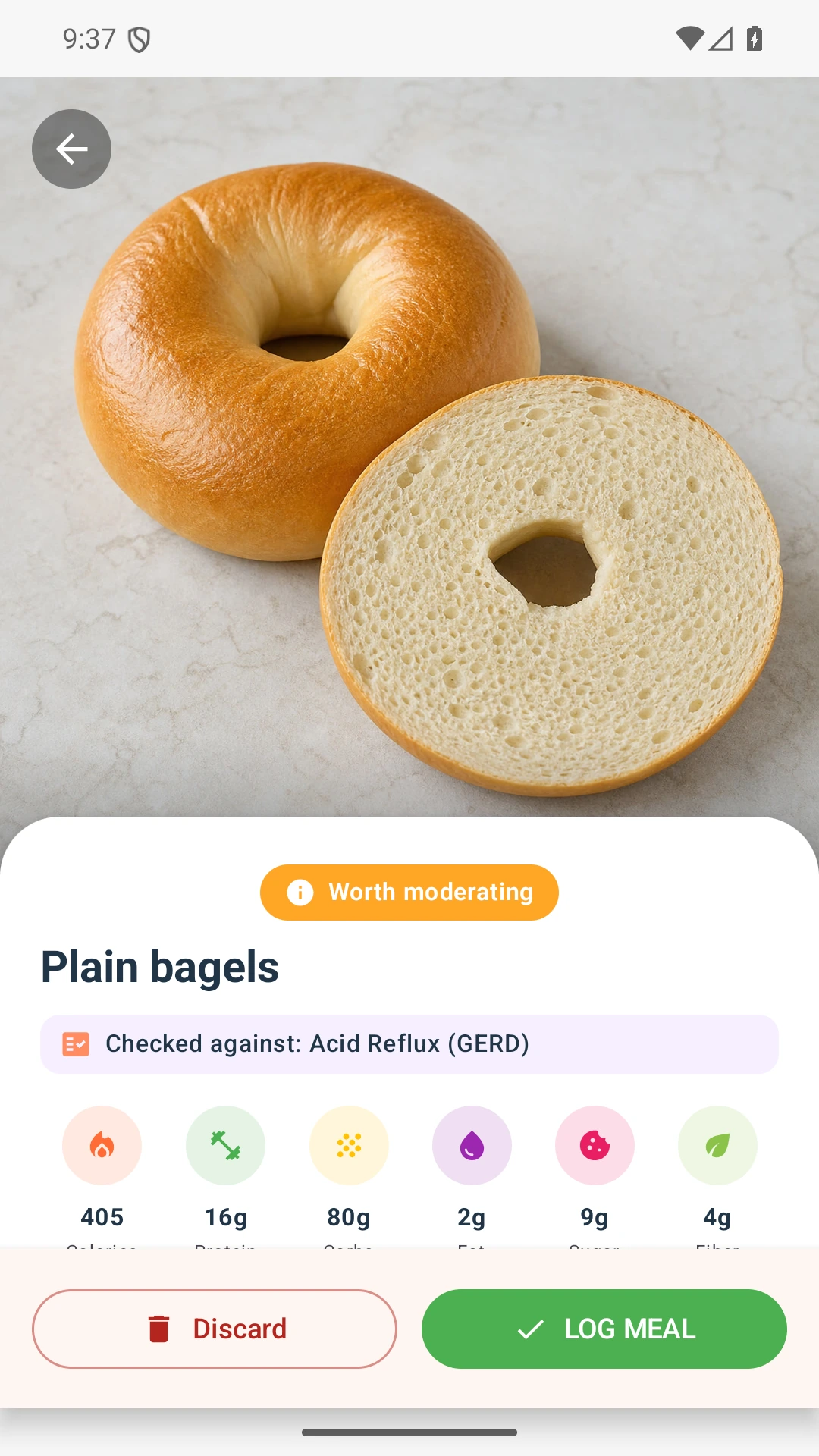 DietVox Bagel scan showing an AMBER acid reflux rating