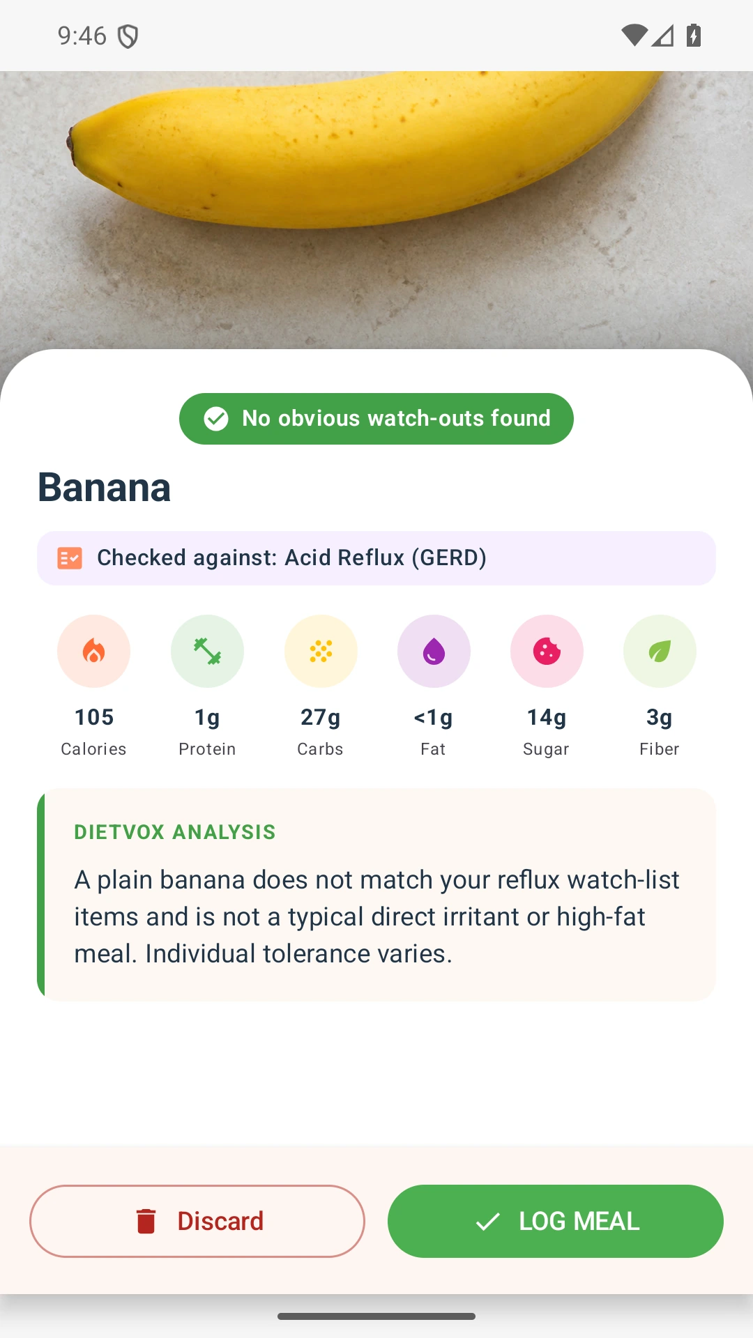 DietVox acid reflux analysis for Banana with the verified rating explanation