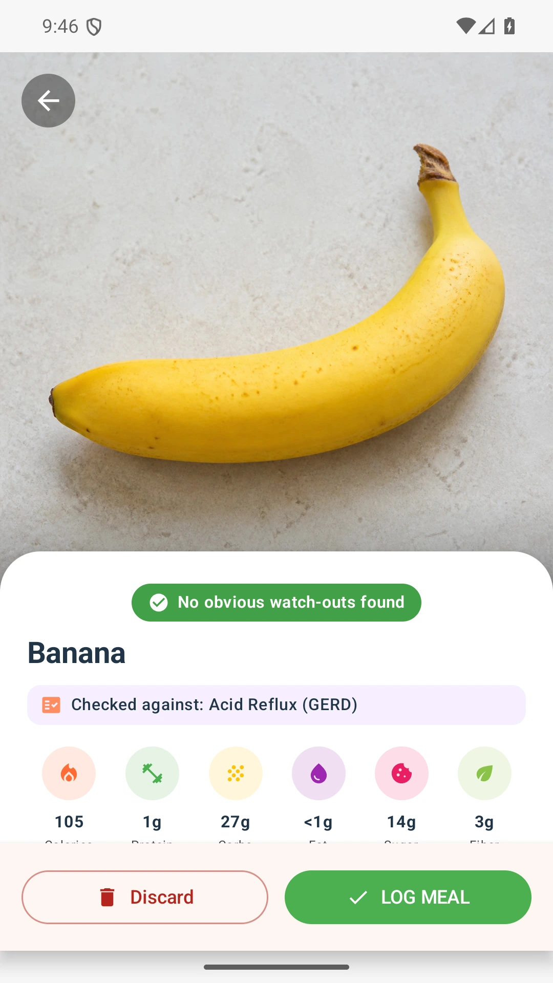 DietVox Banana scan showing a GREEN acid reflux rating