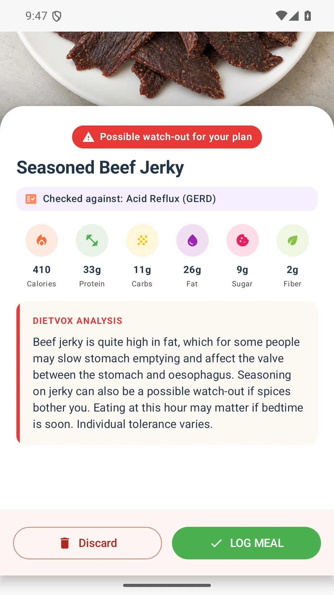 DietVox acid reflux analysis for Beef Jerky with the verified rating explanation
