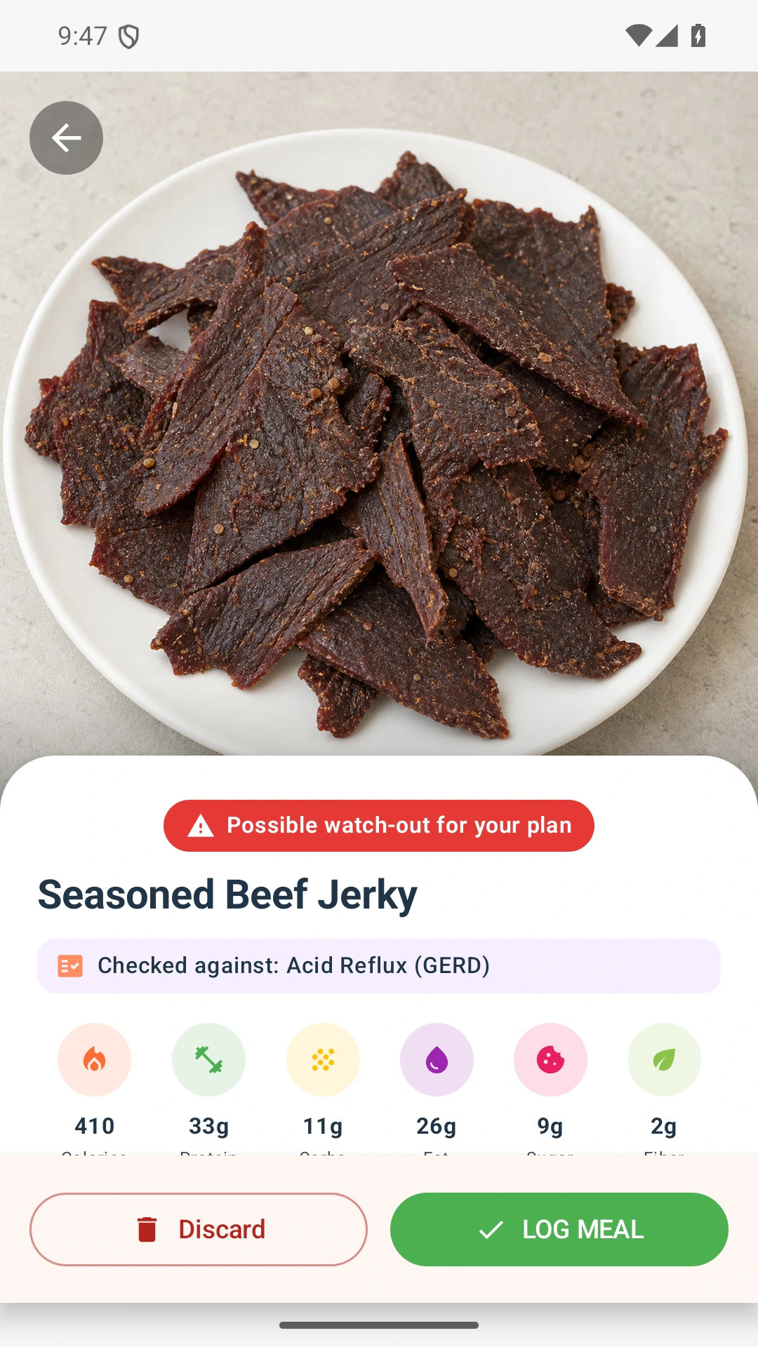 DietVox Beef Jerky scan showing a RED acid reflux rating
