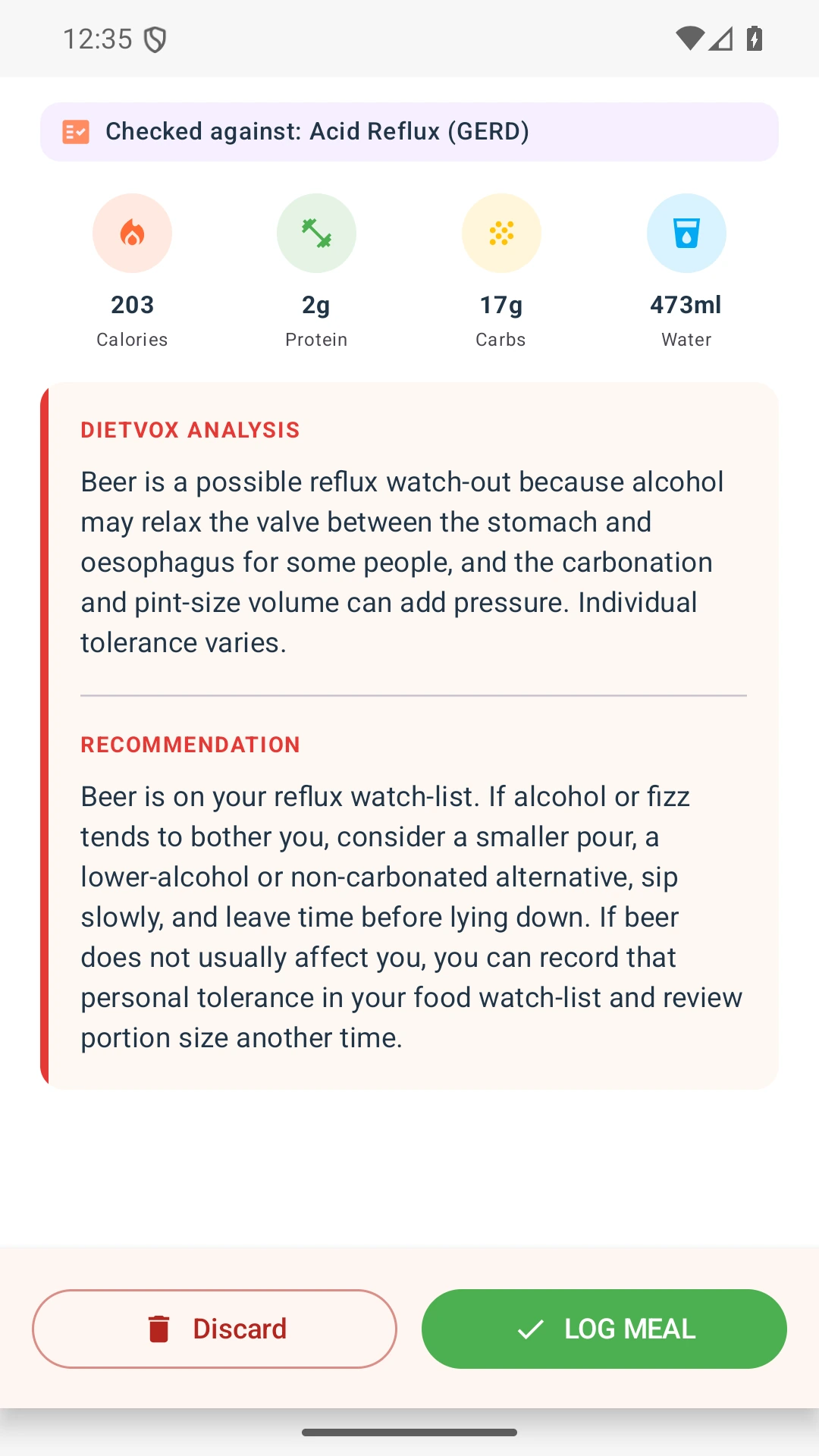 DietVox acid reflux analysis for Beer with the verified rating explanation