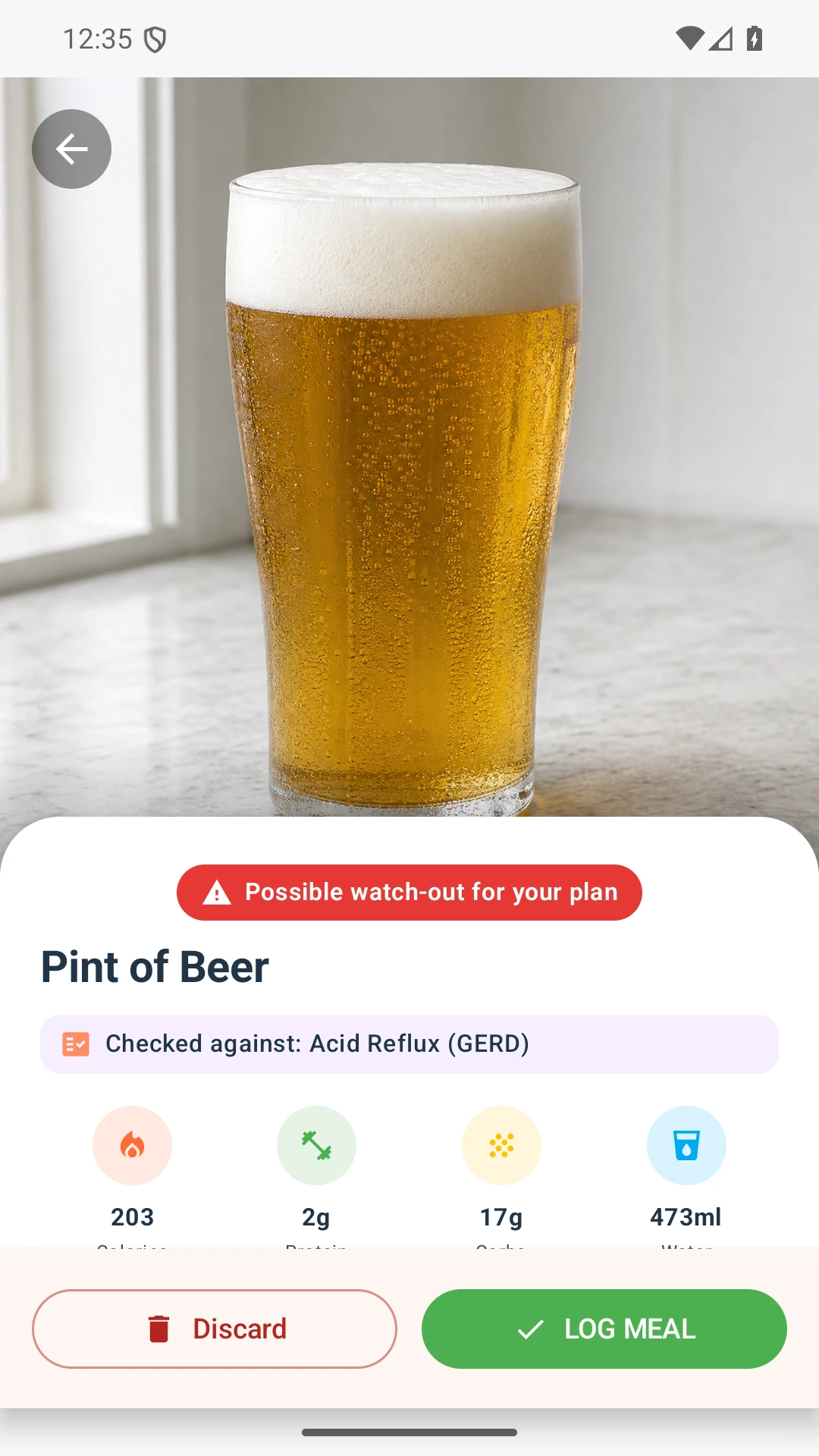 DietVox Beer scan showing a RED acid reflux rating