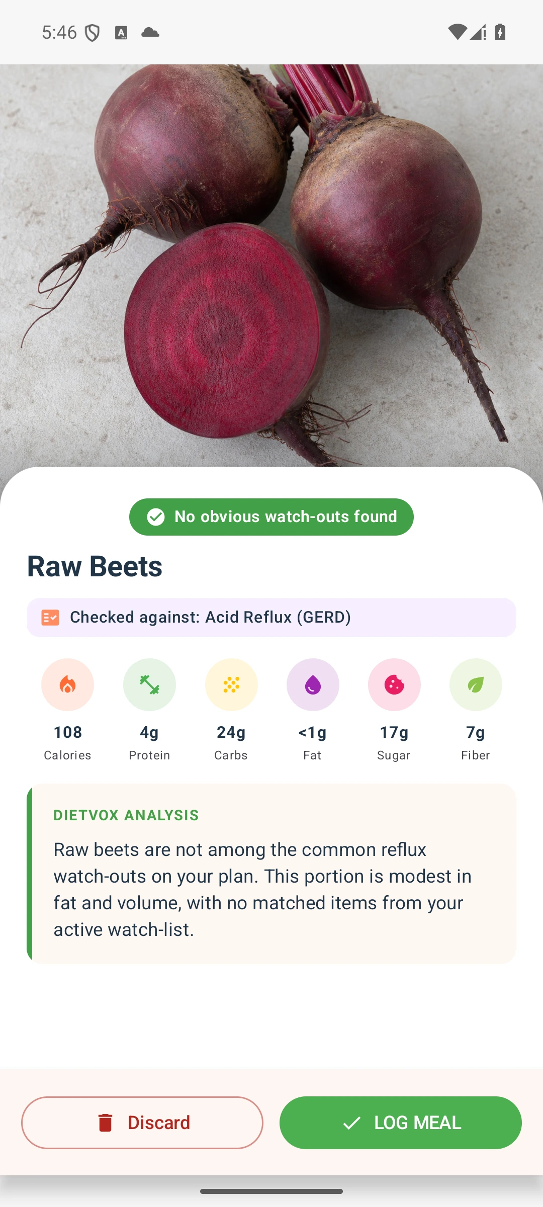 DietVox acid reflux analysis for Beets with the verified rating explanation