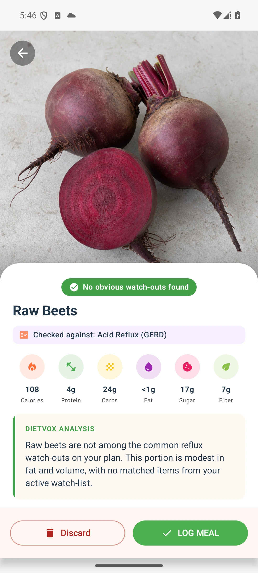 DietVox Beets scan showing a GREEN acid reflux rating