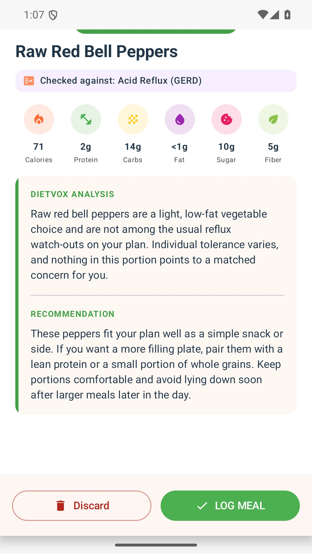 DietVox acid reflux analysis for Bell Pepper with the verified rating explanation