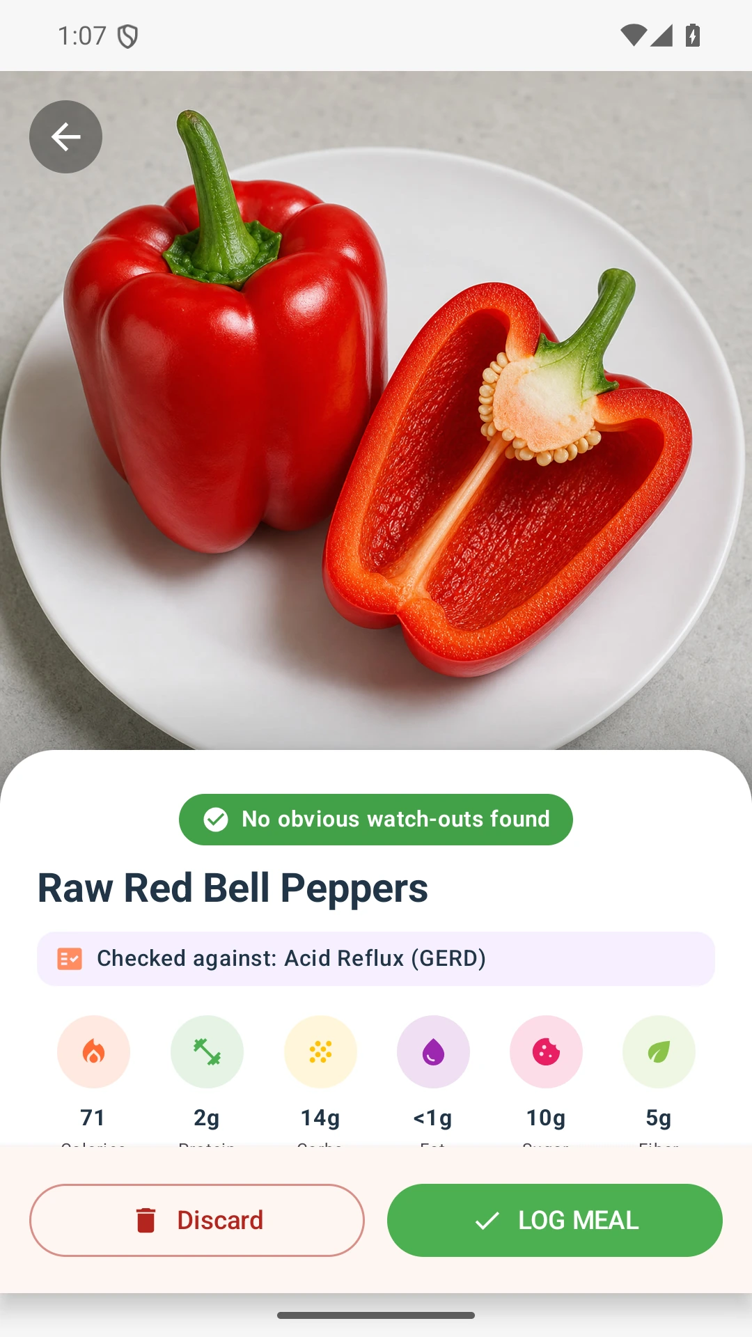 DietVox Bell Pepper scan showing a GREEN acid reflux rating