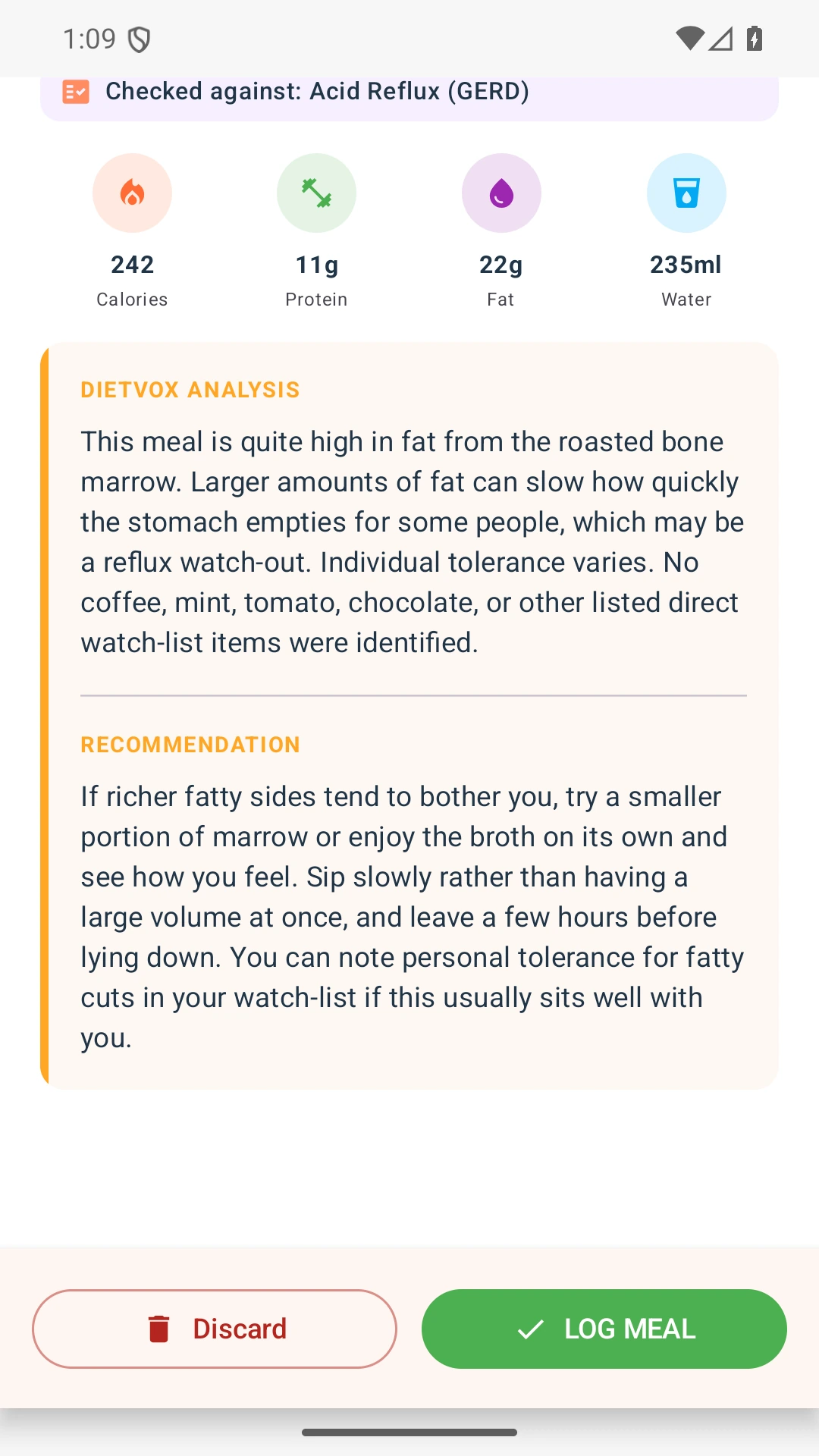 DietVox acid reflux analysis for Bone Broth with the verified rating explanation