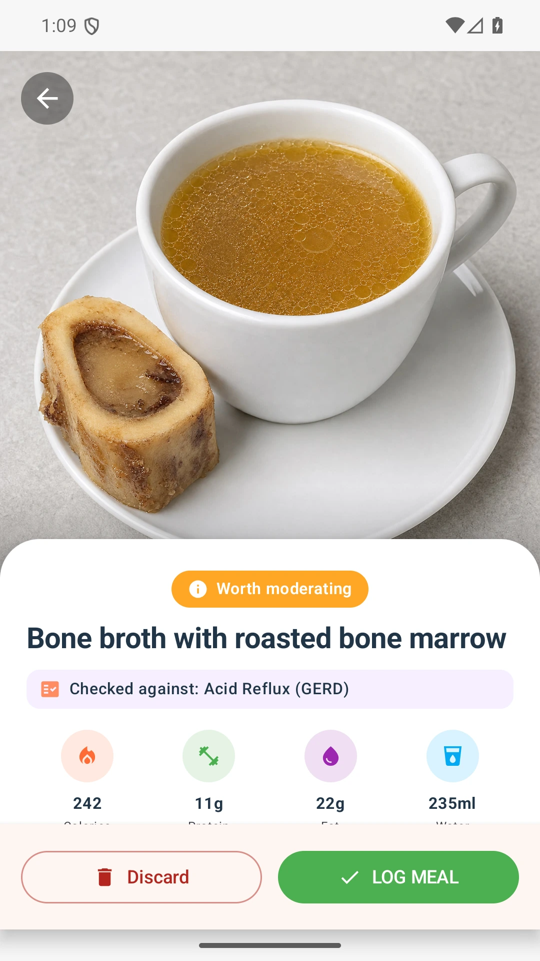 DietVox Bone Broth scan showing an AMBER acid reflux rating