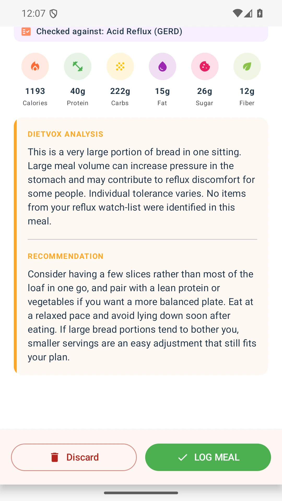 DietVox acid reflux analysis for Bread with the verified rating explanation
