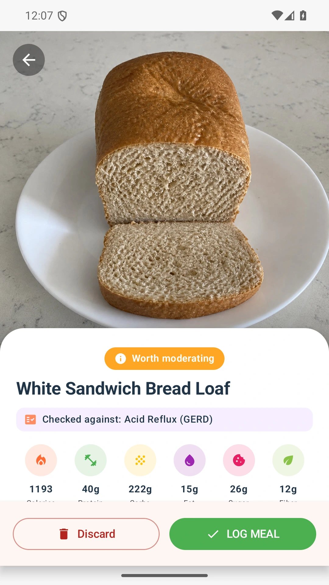DietVox Bread scan showing an AMBER acid reflux rating
