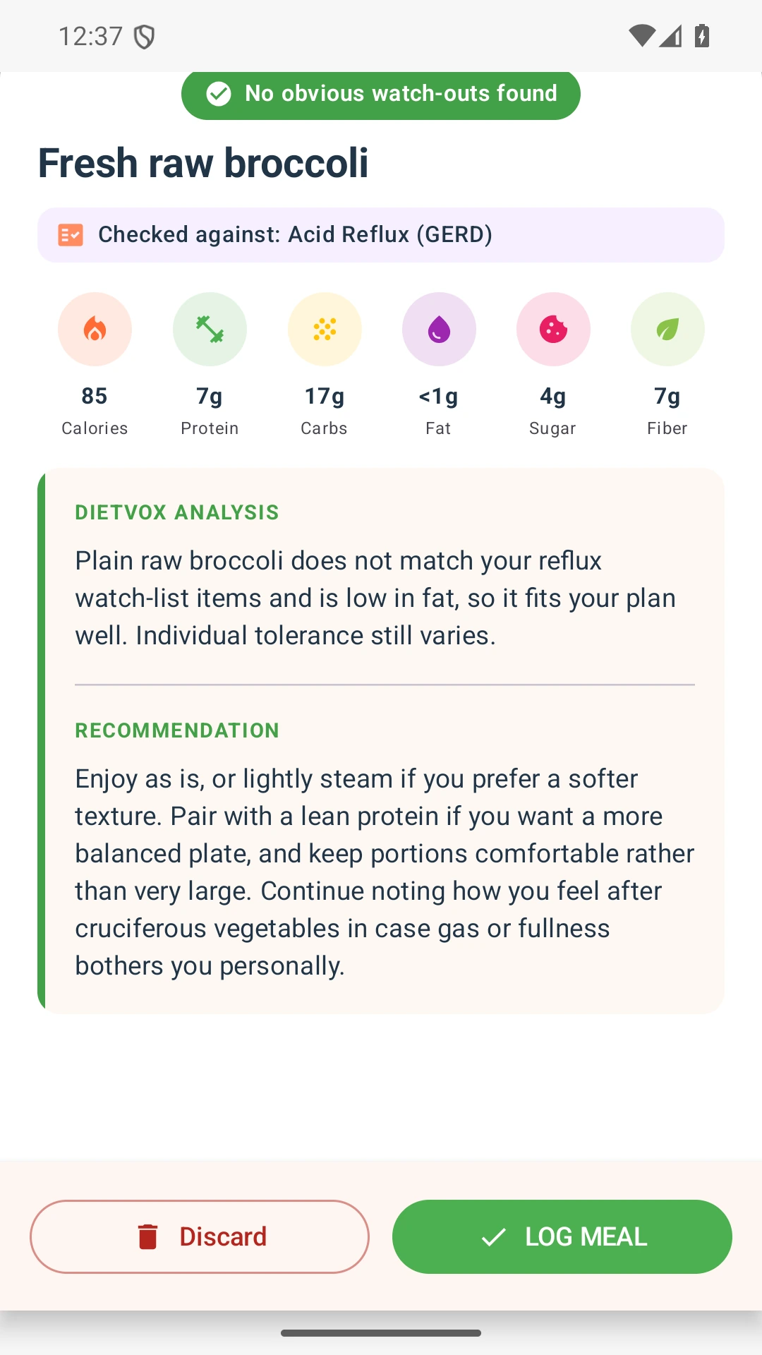 DietVox acid reflux analysis for Broccoli with the verified rating explanation