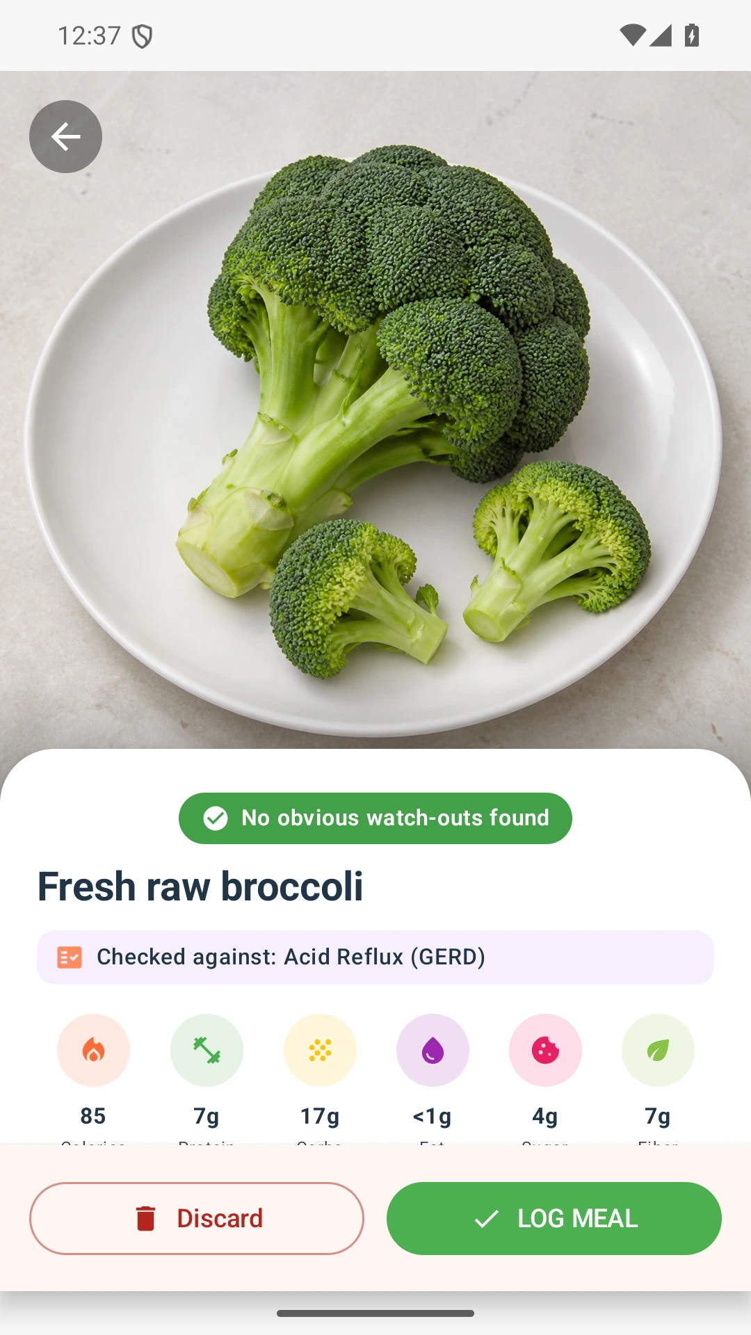 DietVox Broccoli scan showing a GREEN acid reflux rating