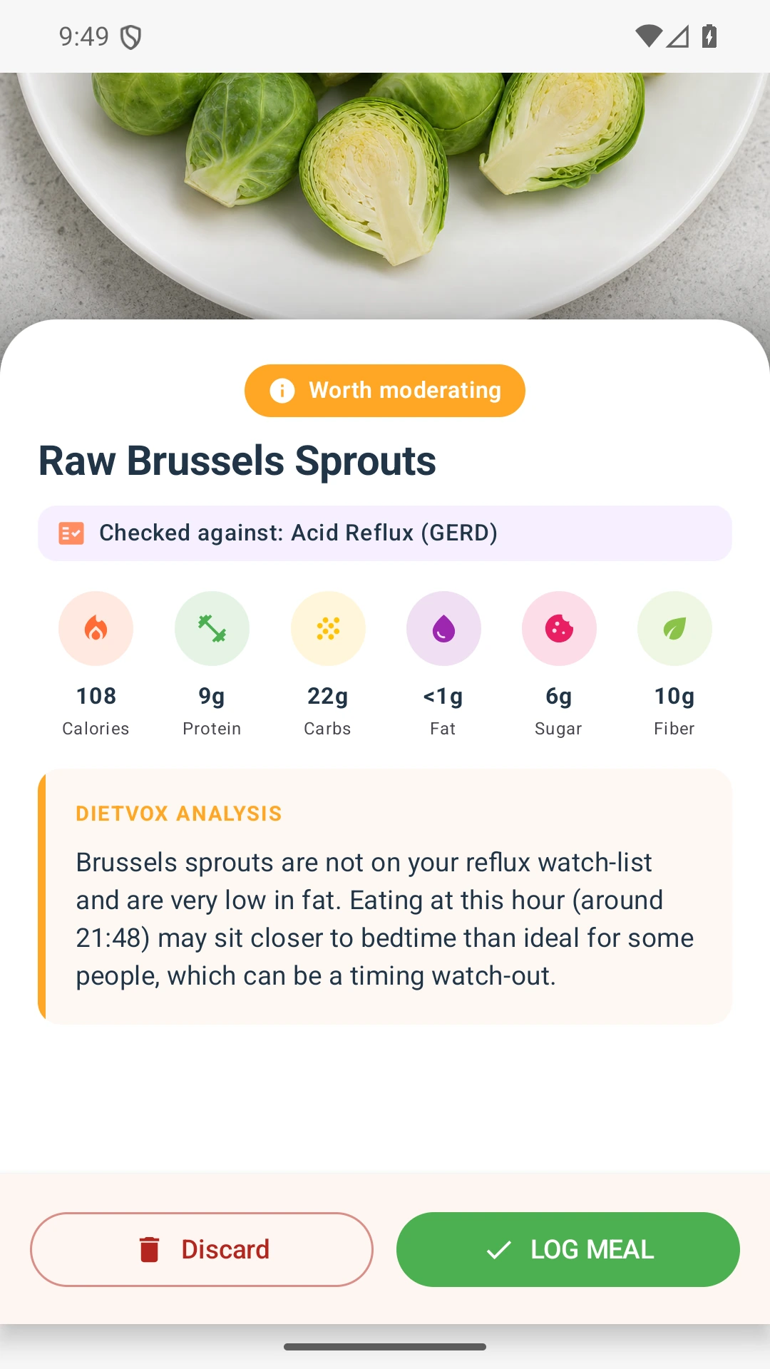 DietVox acid reflux analysis for Brussels Sprouts with the verified rating explanation