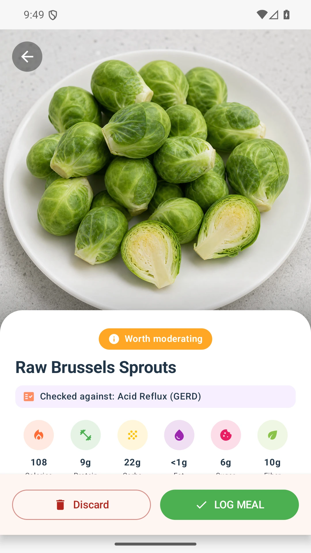 DietVox Brussels Sprouts scan showing an AMBER acid reflux rating