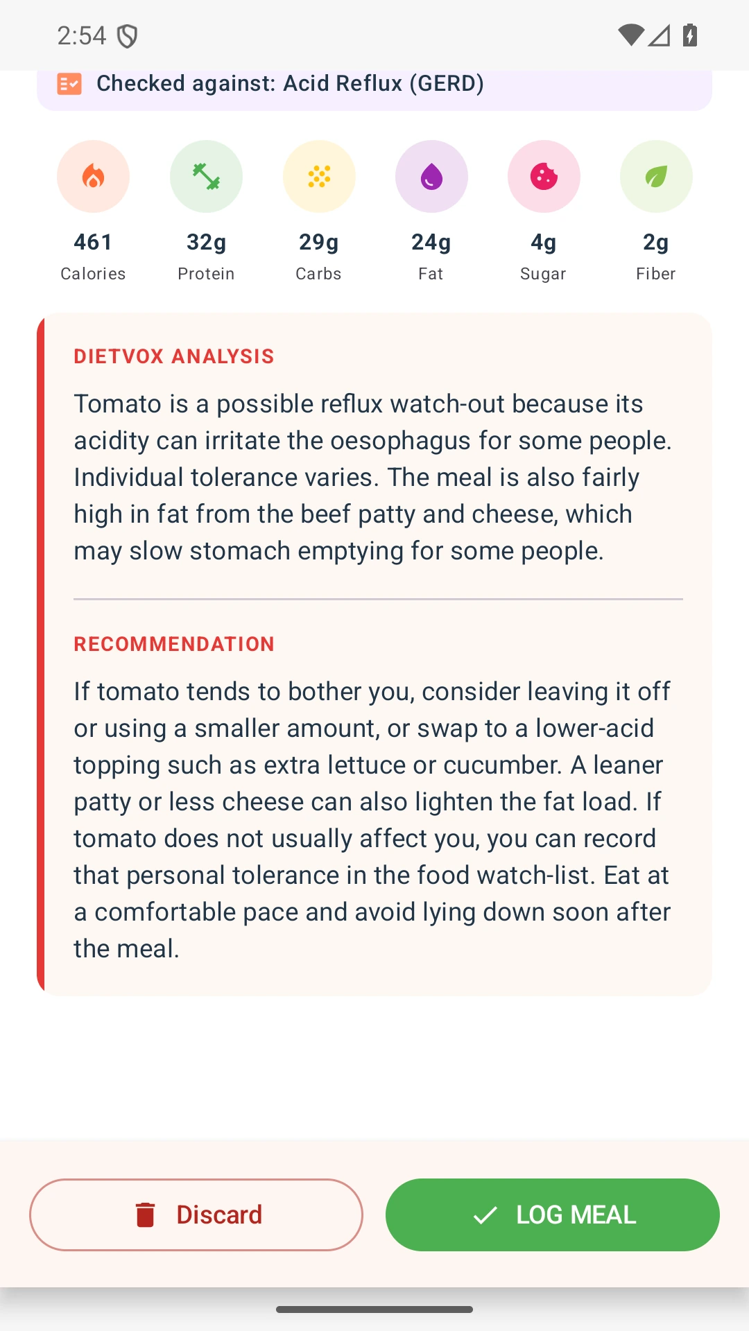 DietVox acid reflux analysis for Burger with the verified rating explanation