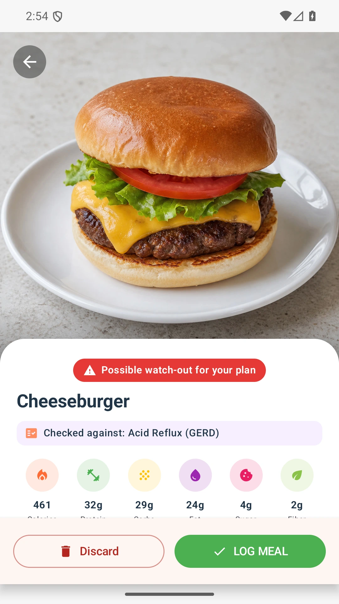 DietVox Burger scan showing a RED acid reflux rating