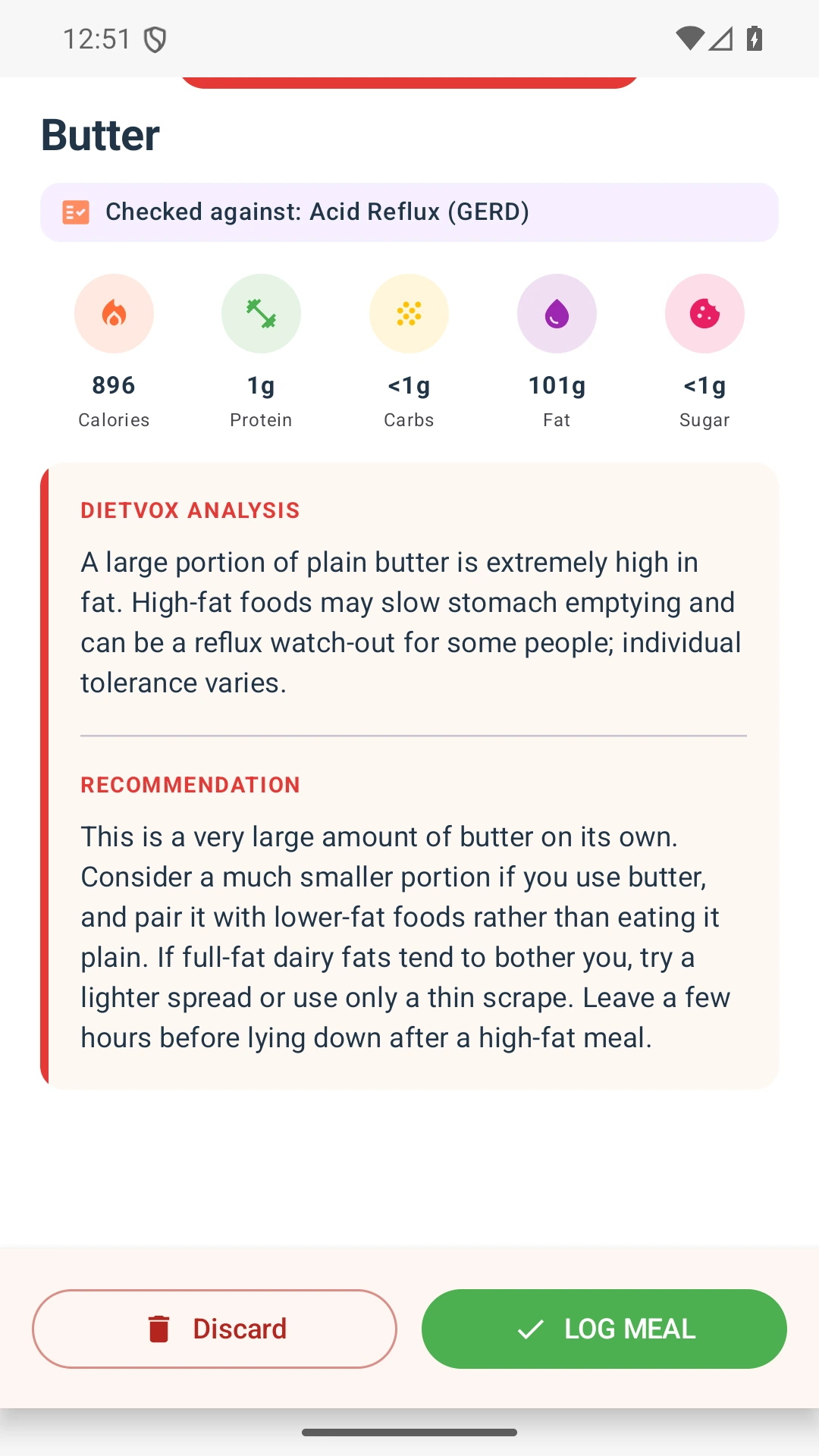 DietVox acid reflux analysis for Butter with the verified rating explanation