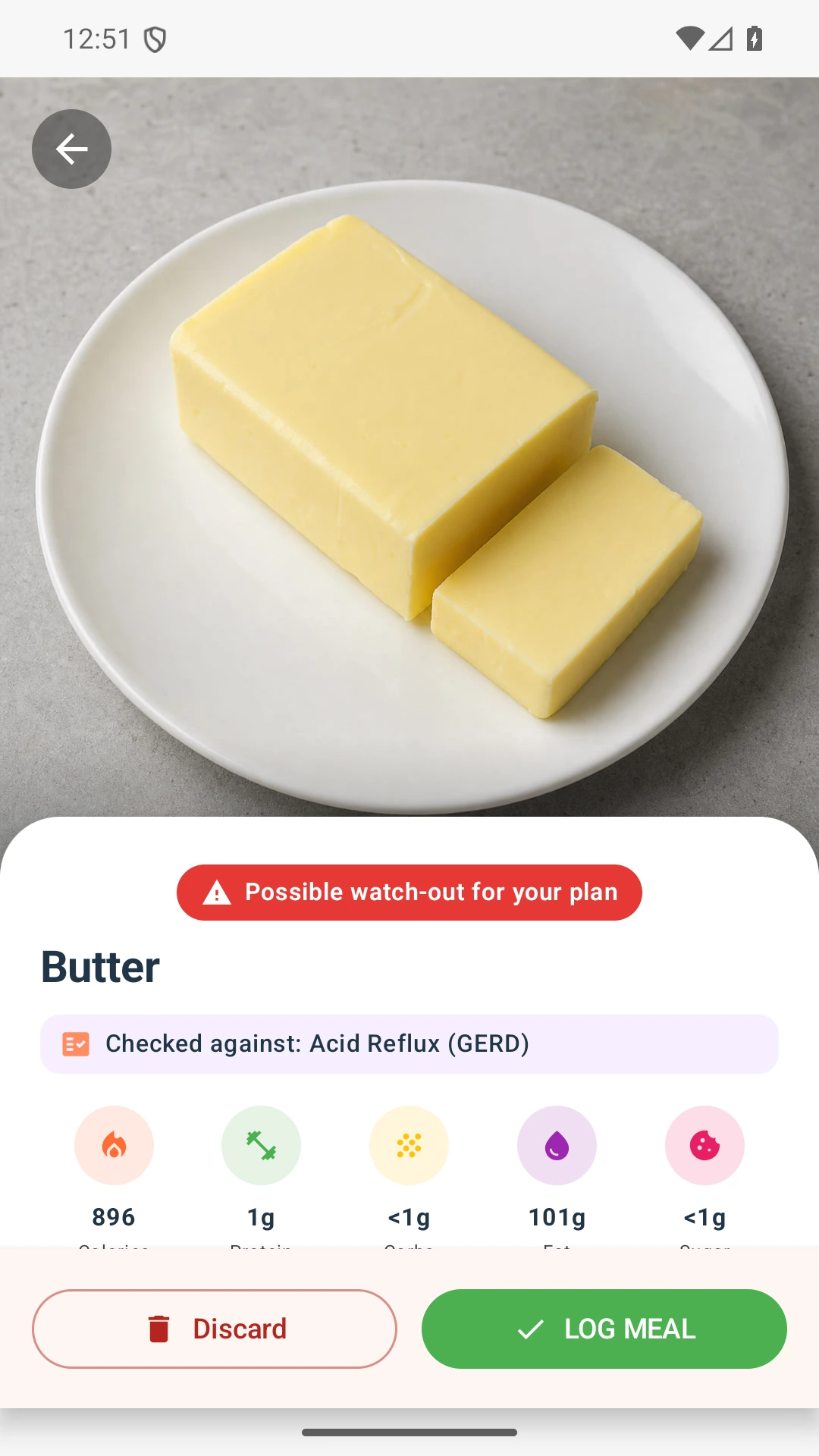 DietVox Butter scan showing a RED acid reflux rating