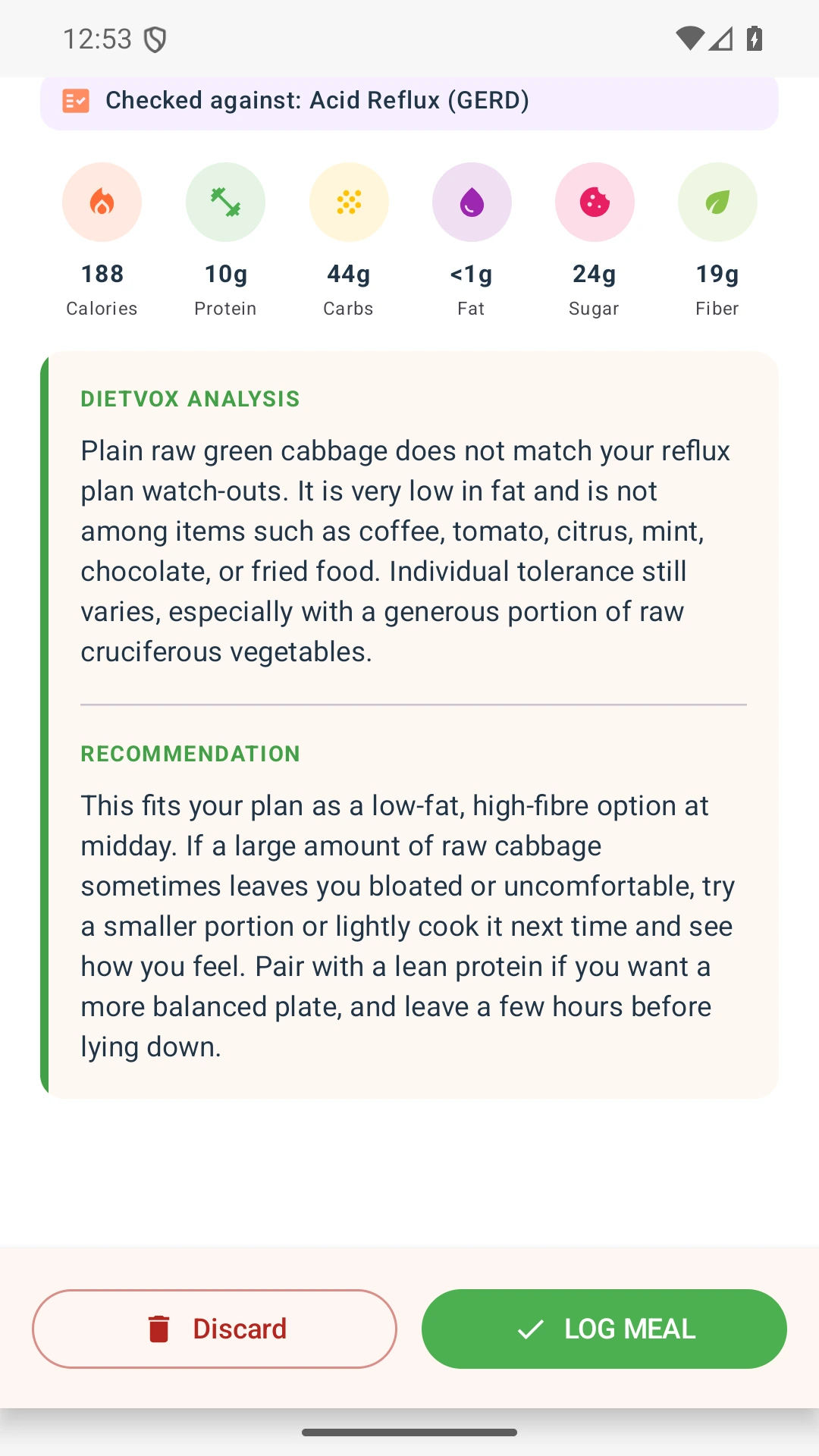 DietVox acid reflux analysis for Cabbage with the verified rating explanation