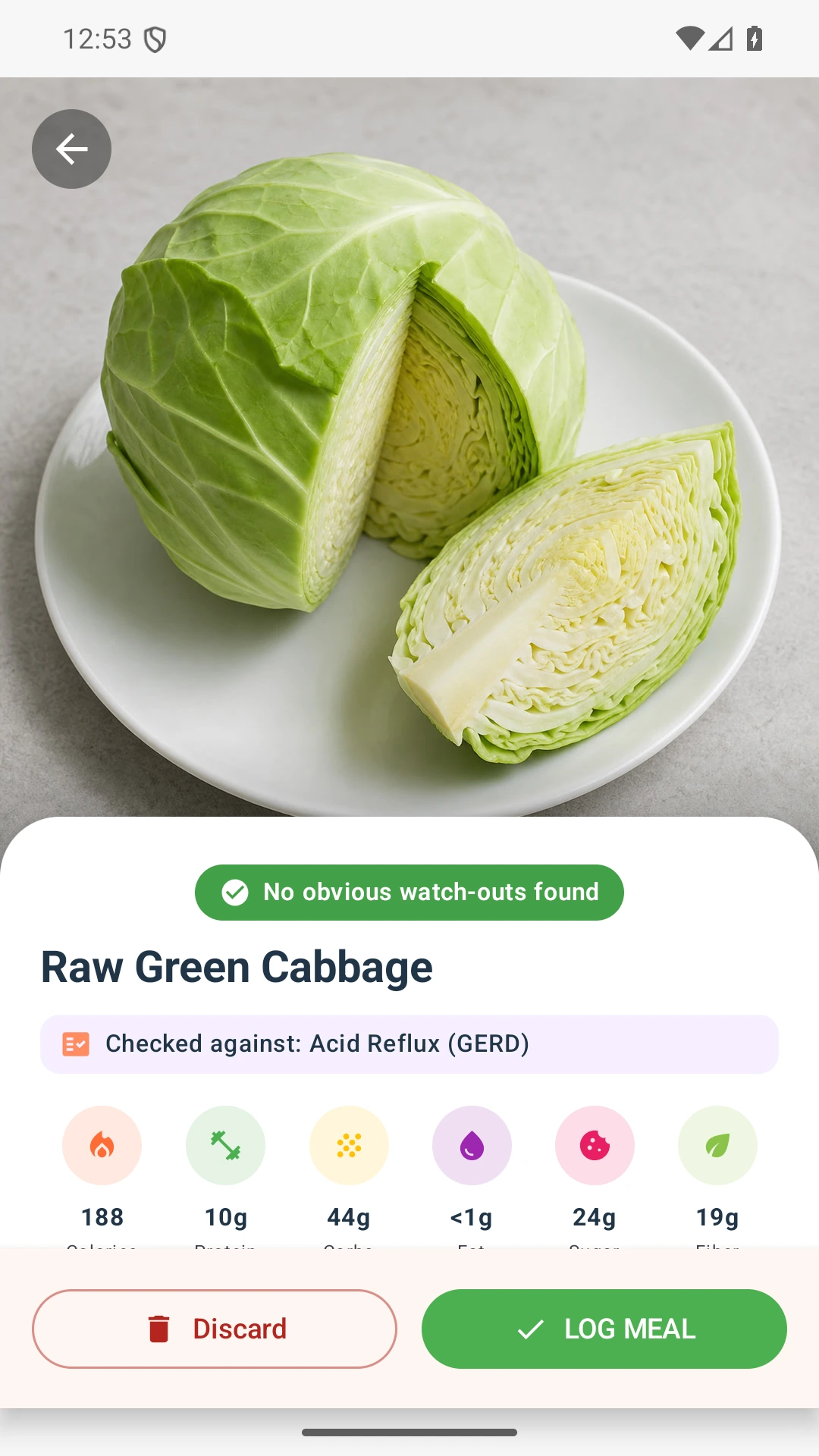 DietVox Cabbage scan showing a GREEN acid reflux rating