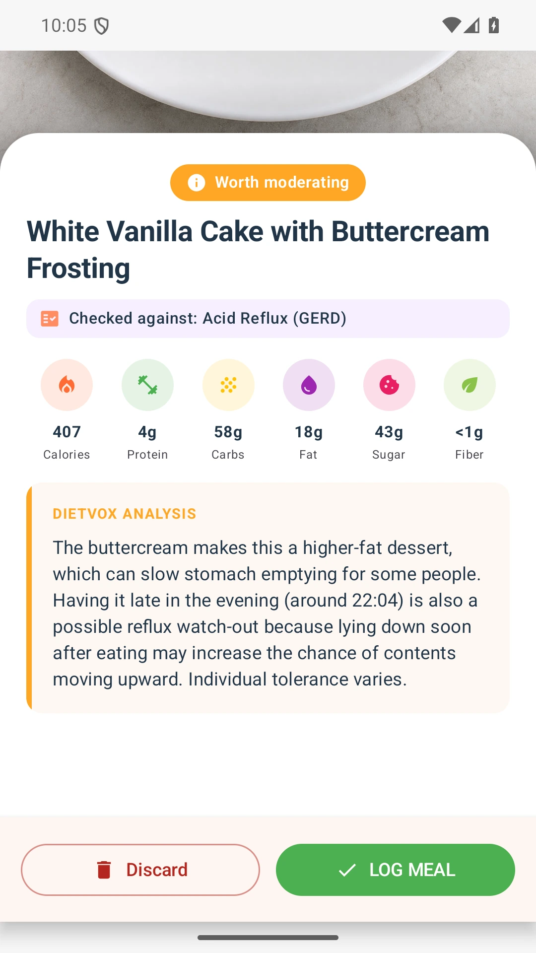 DietVox acid reflux analysis for Cake with the verified rating explanation