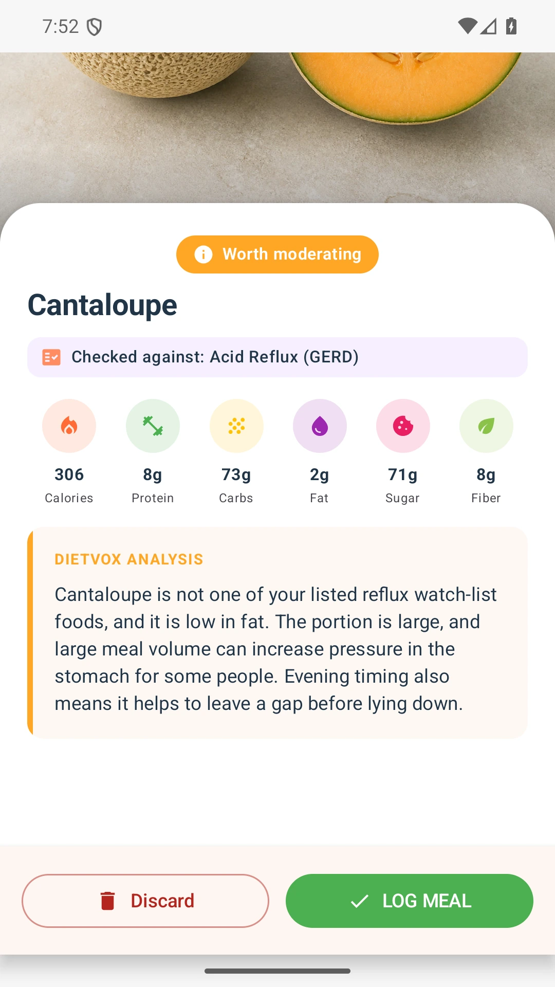DietVox acid reflux analysis for Cantaloupe with the verified rating explanation