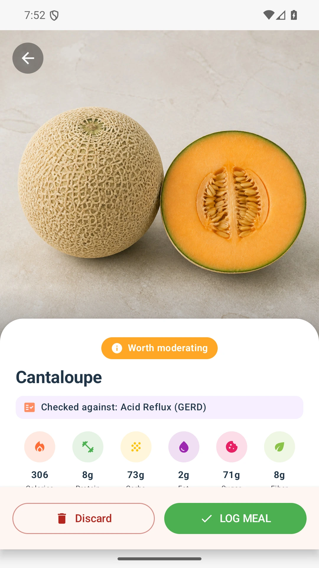 DietVox Cantaloupe scan showing an AMBER acid reflux rating