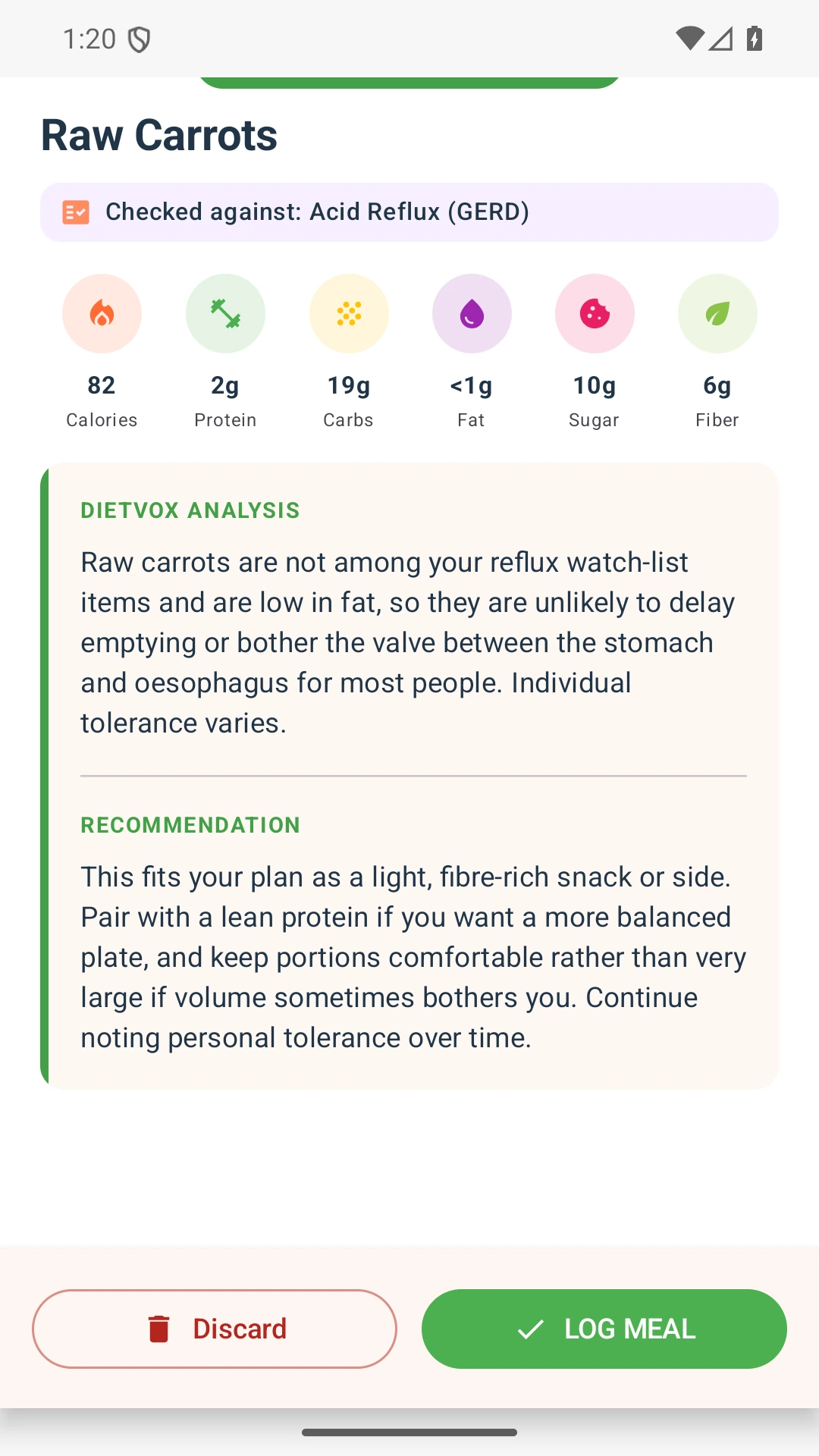 DietVox acid reflux analysis for Carrot with the verified rating explanation